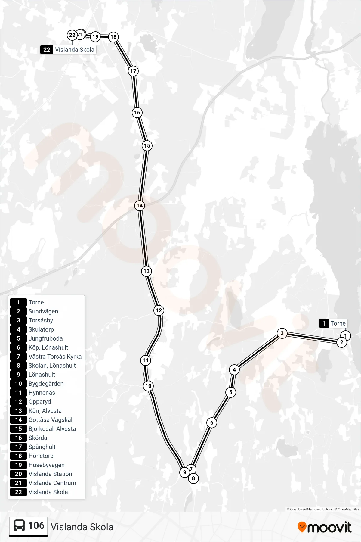 Rutt och hållplatser på karta för linje 106 spårvagn, (Vislanda Skola)