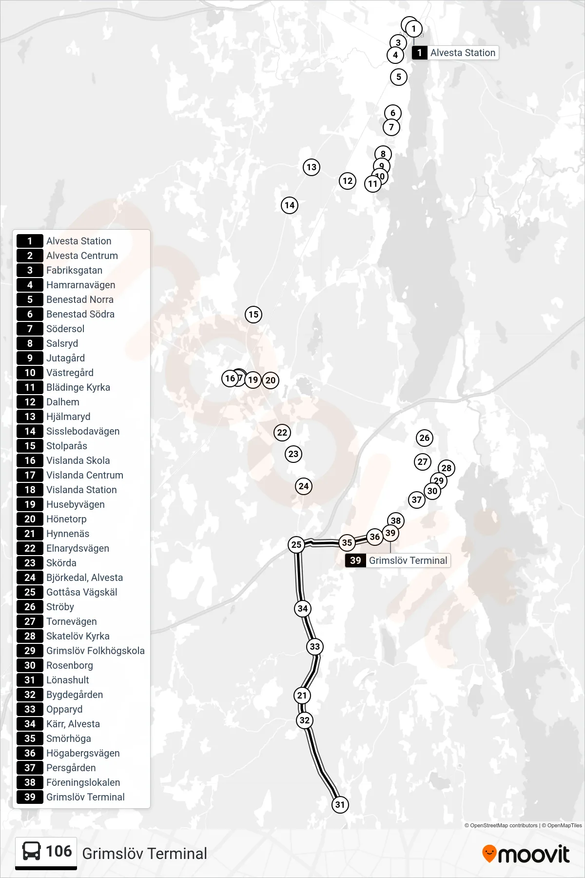 Rutt och hållplatser på karta för linje 106 spårvagn, (Grimslöv Terminal)