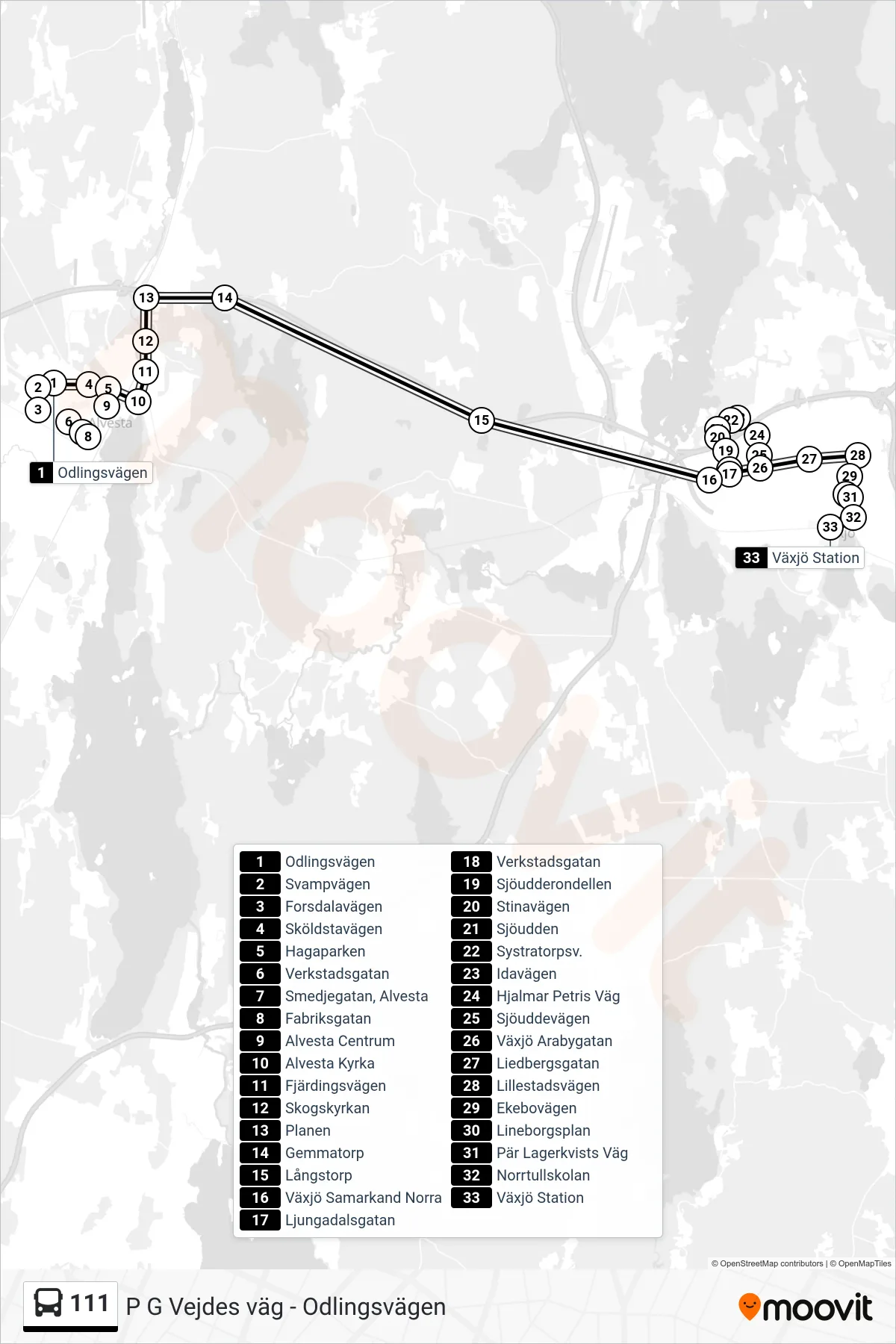 Rutt och hållplatser på karta för linje 111 spårvagn, (Växjö Station)