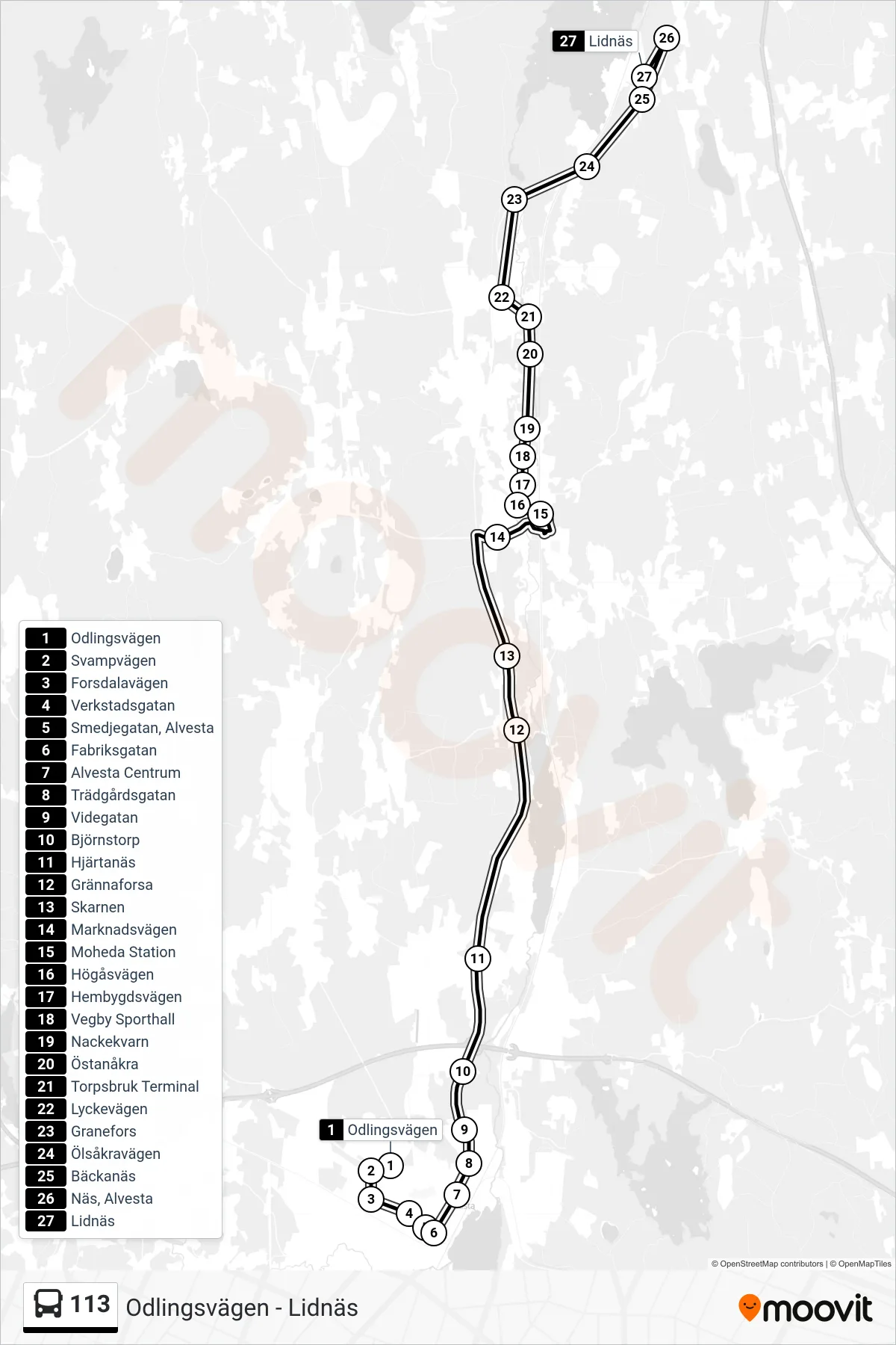 Rutt och hållplatser på karta för linje 113  spårvagn, (Lidnäs)