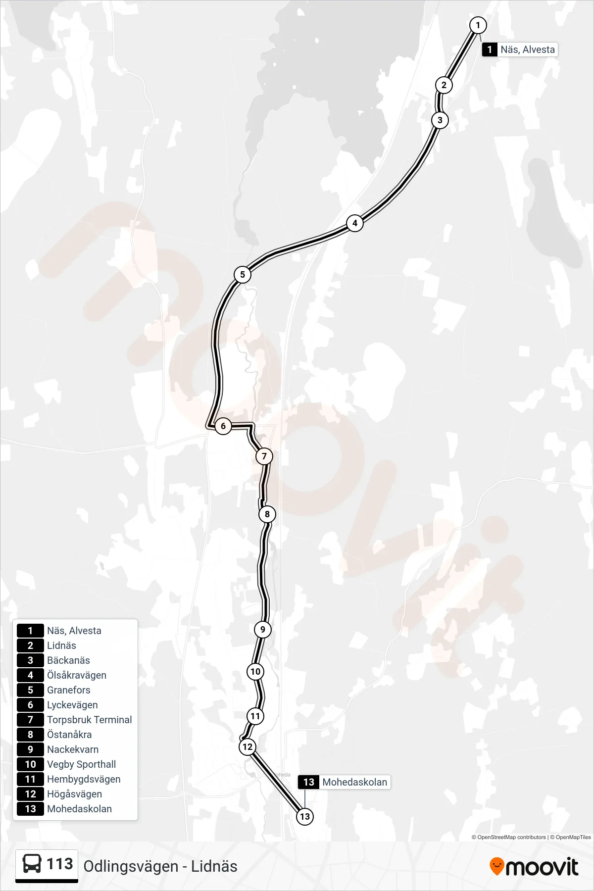 Rutt och hållplatser på karta för linje 113  spårvagn, (Mohedaskolan)