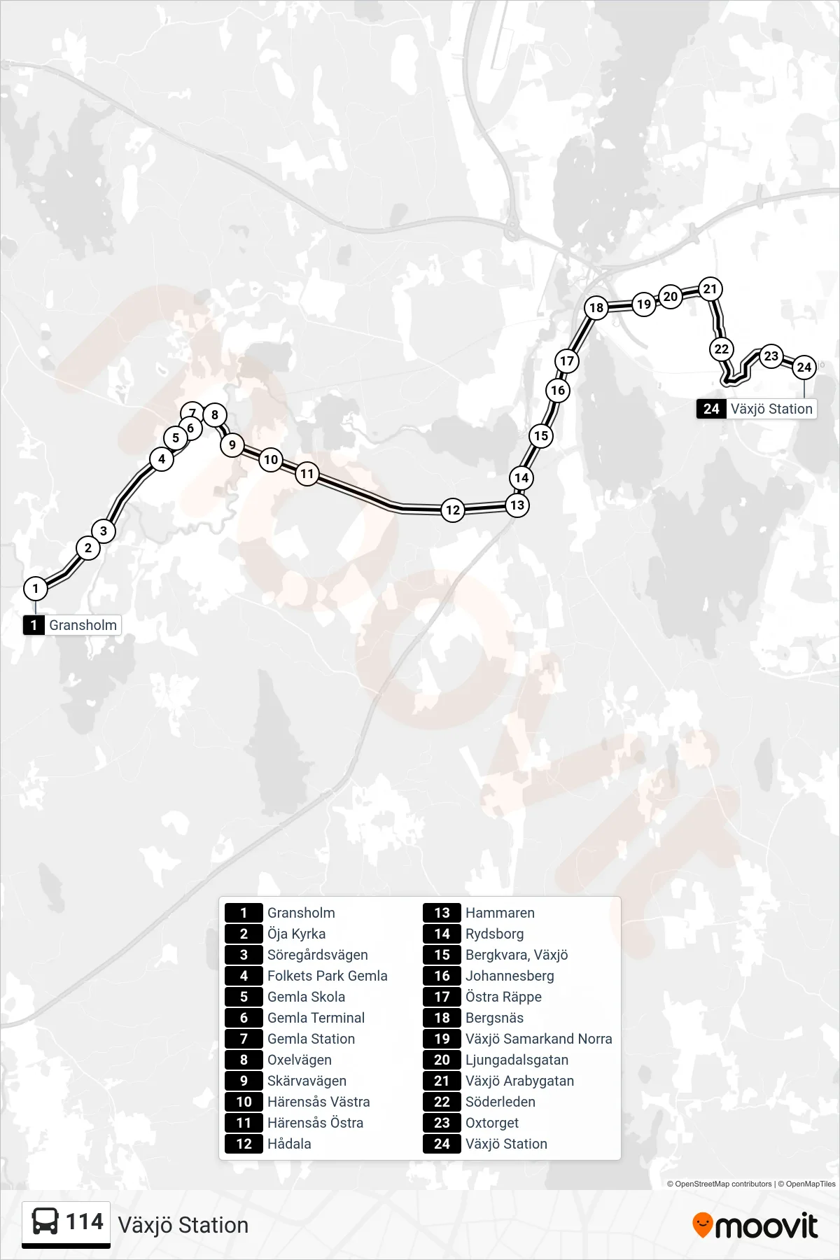 Rutt och hållplatser på karta för linje 114  spårvagn, (Växjö Station)