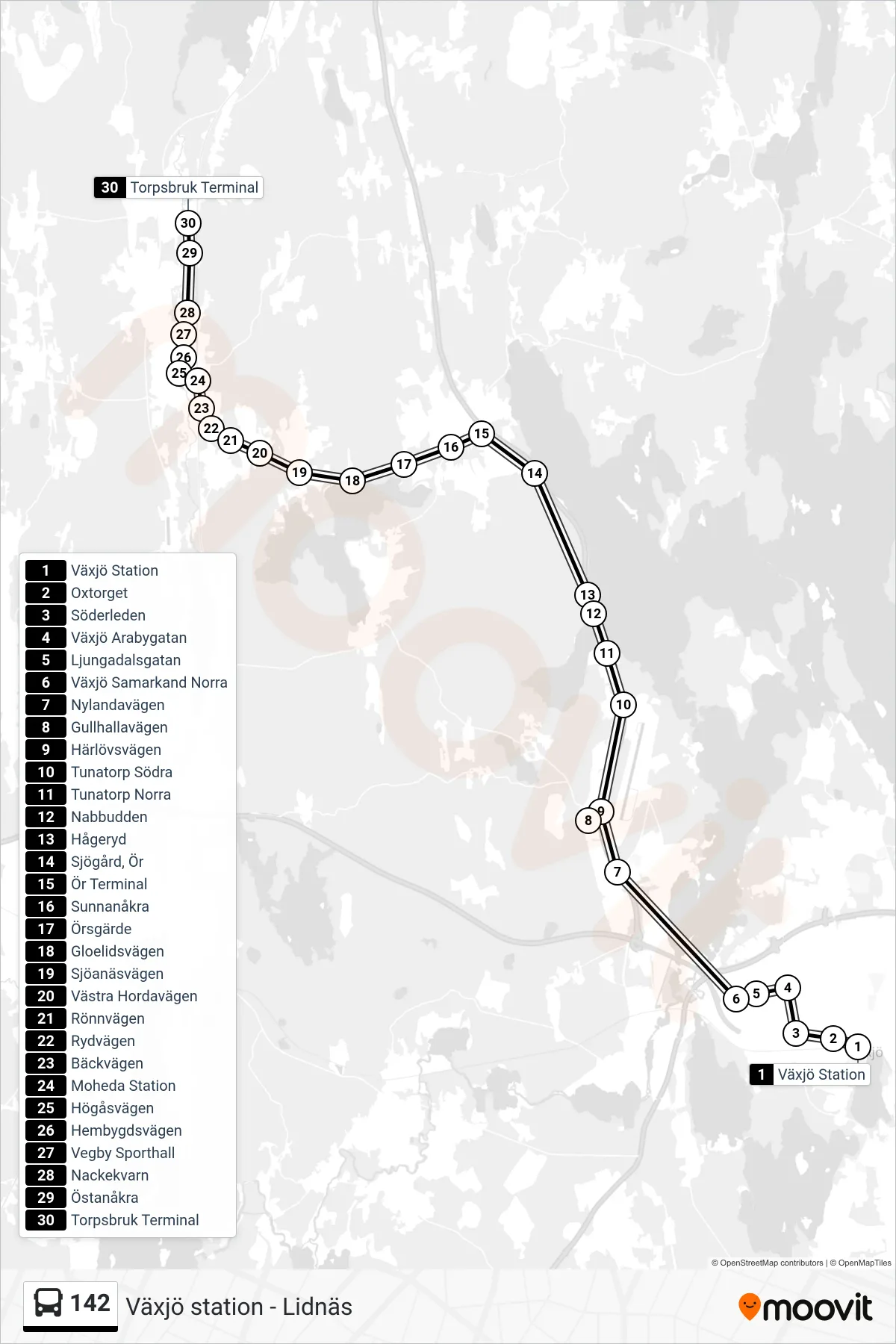 Rutt och hållplatser på karta för linje 142 spårvagn, (Torpsbruk Terminal)