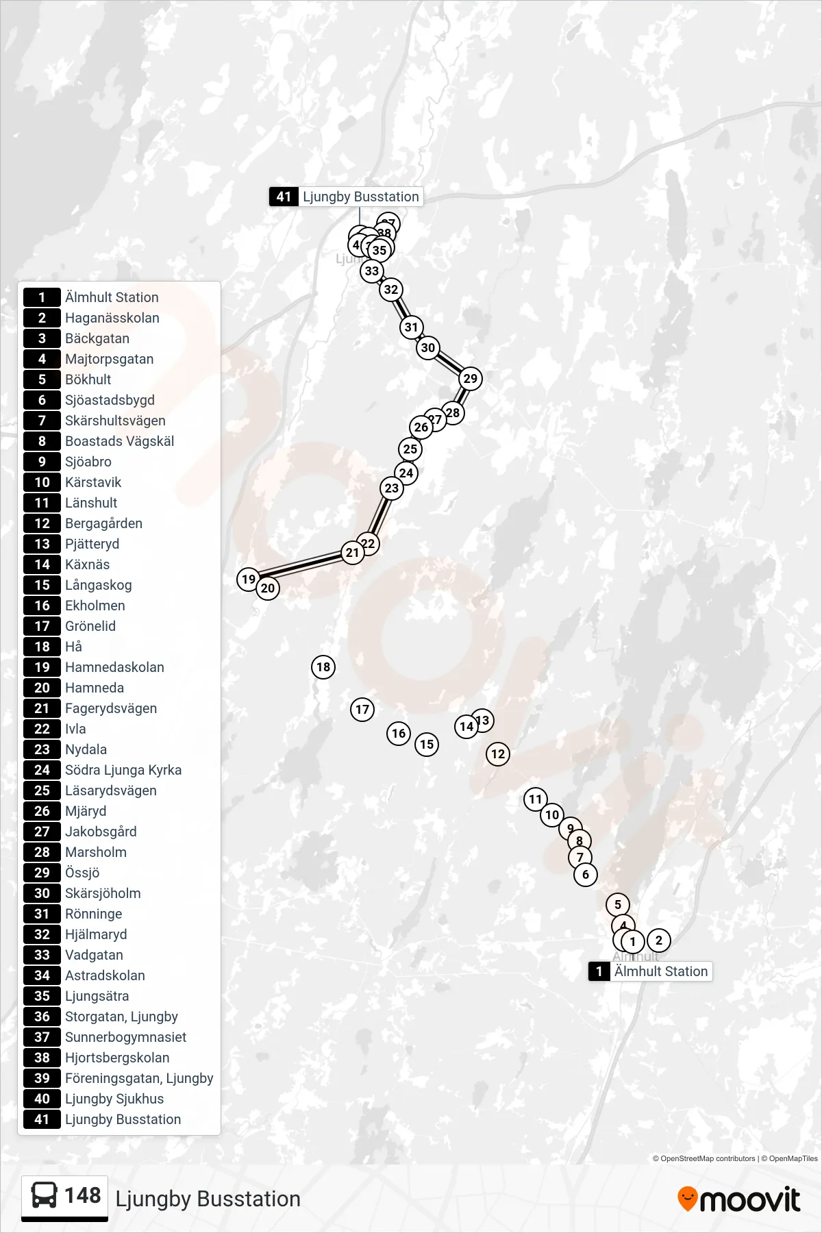 Rutt och hållplatser på karta för linje 148 spårvagn, (Ljungby Busstation)