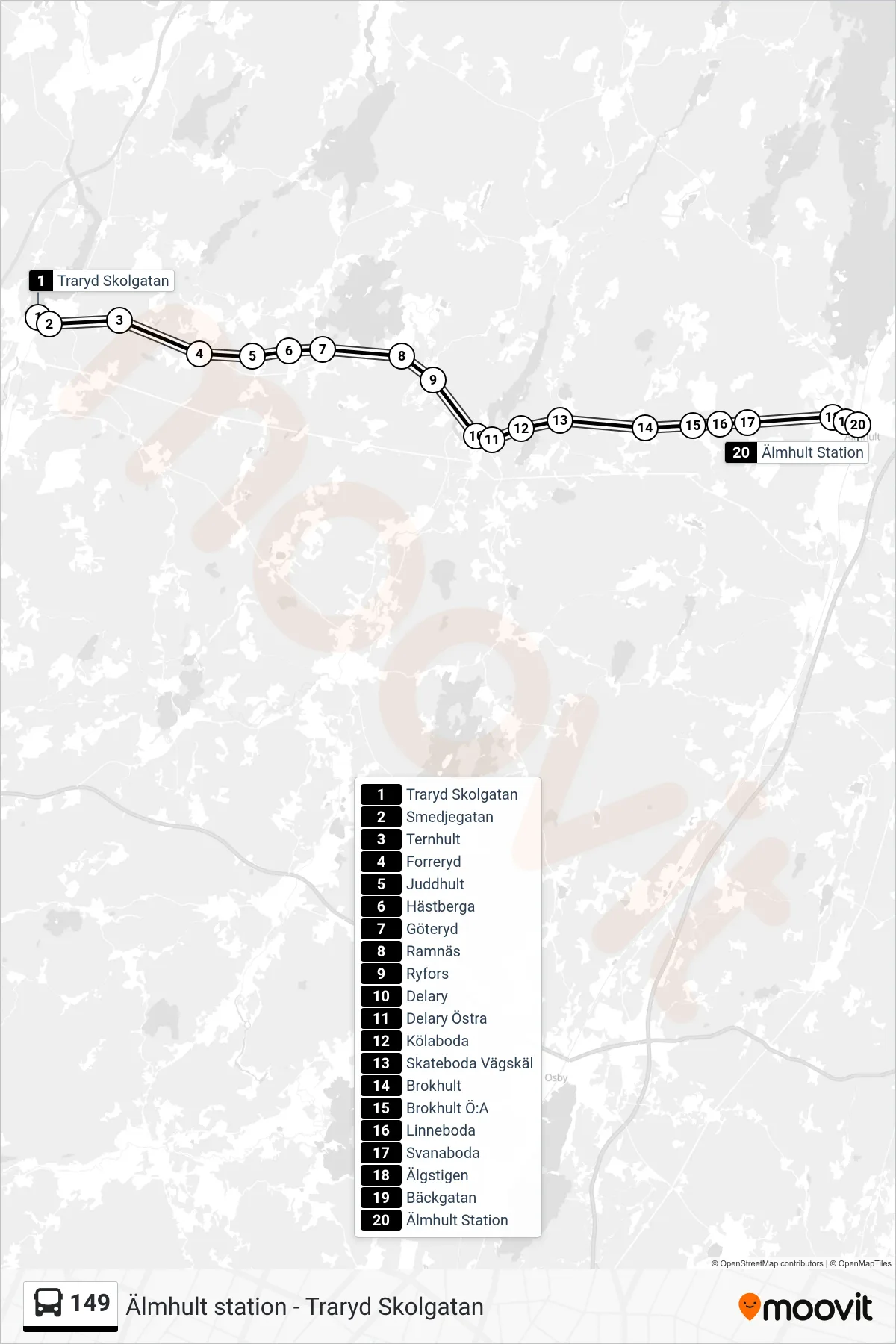 Rutt och hållplatser på karta för linje 149  spårvagn, (Älmhult Station)