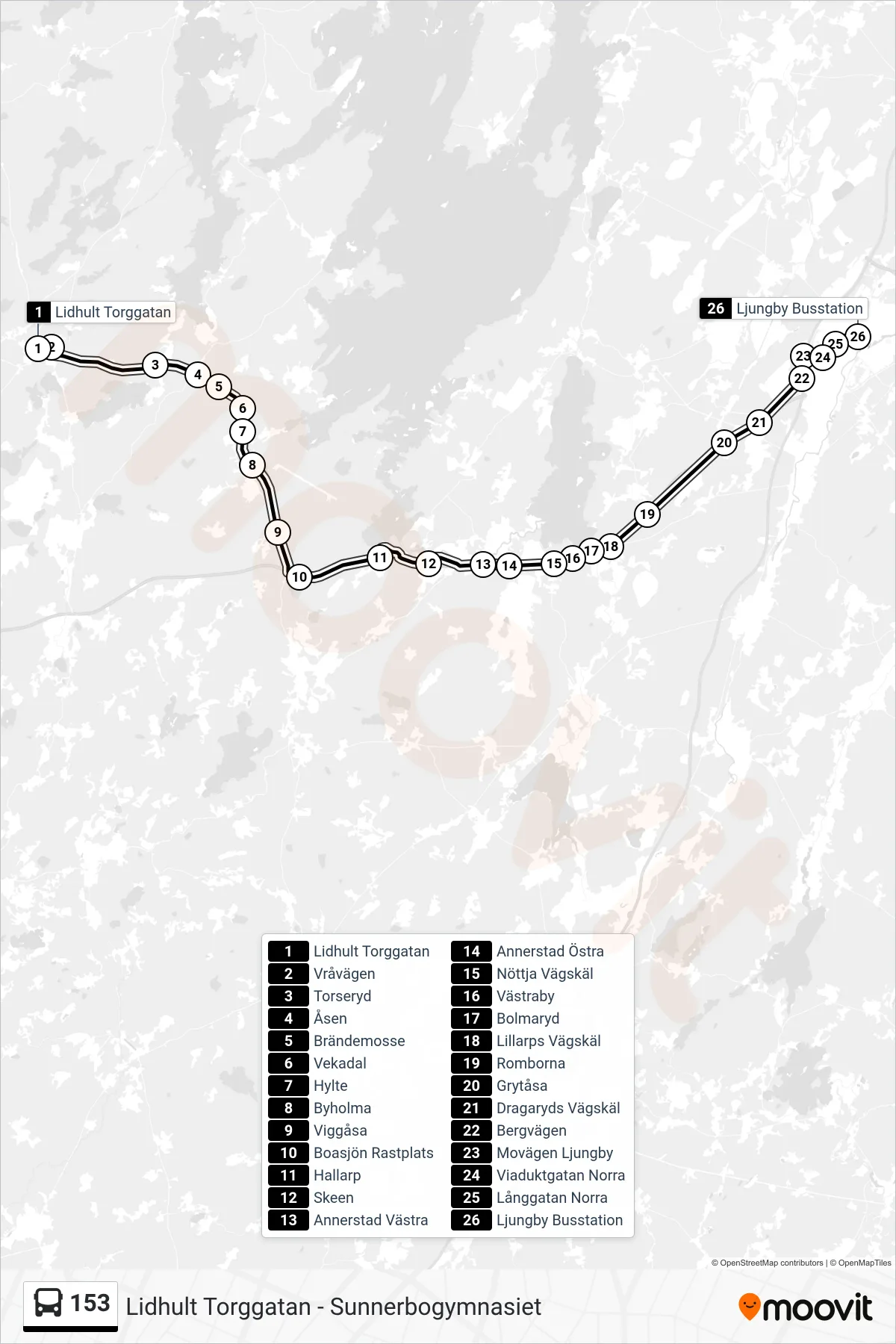 Rutt och hållplatser på karta för linje 153  spårvagn, (Ljungby Busstation)