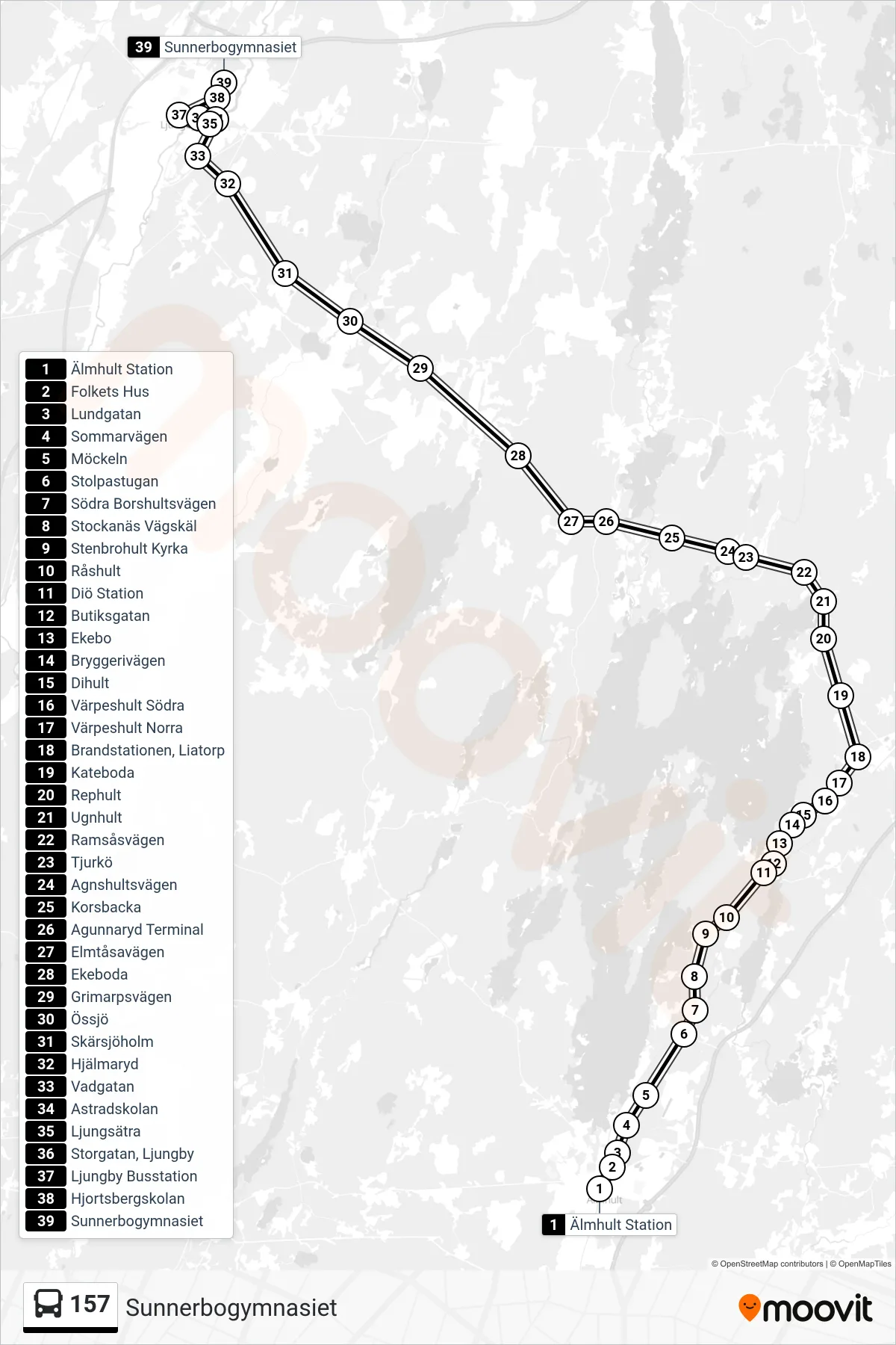 Rutt och hållplatser på karta för linje 157  spårvagn, (Sunnerbogymnasiet)
