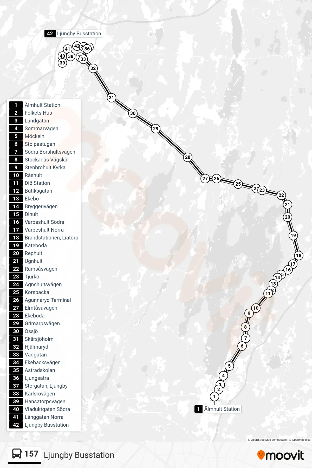 Rutt och hållplatser på karta för linje 157 spårvagn, (Ljungby Busstation)