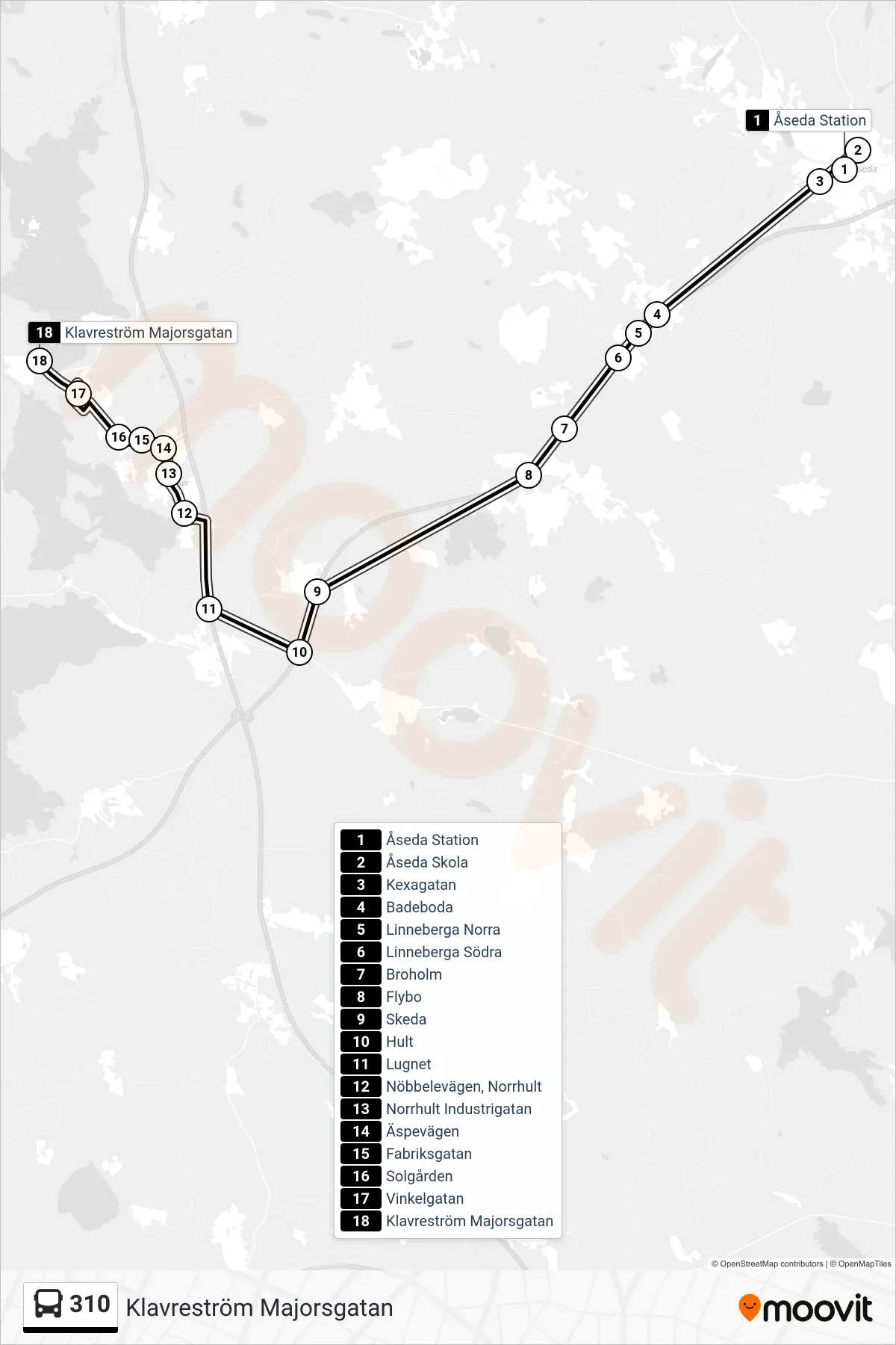 Rutt och hållplatser på karta för linje 310 spårvagn, (Klavreström Majorsgatan)