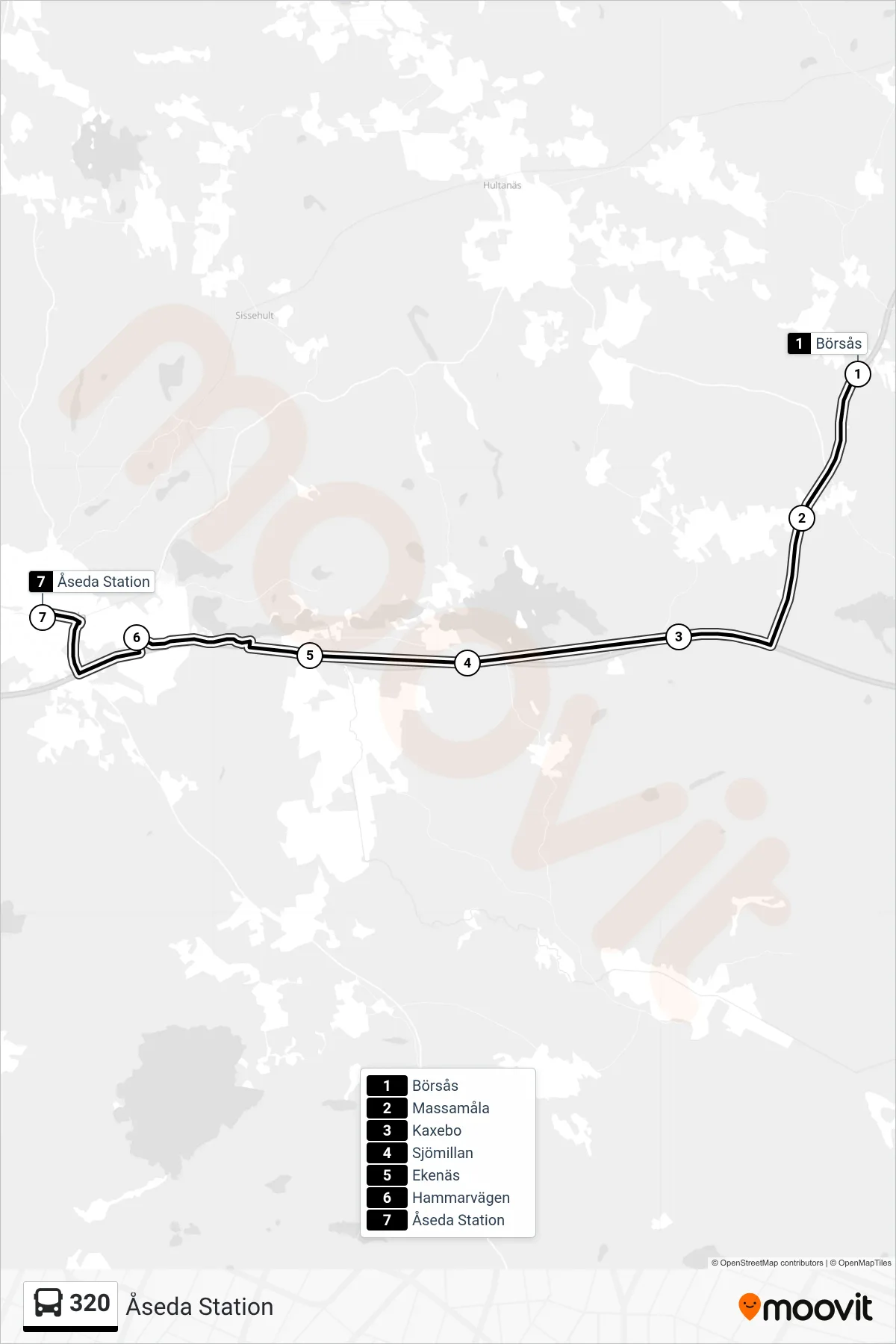 Rutt och hållplatser på karta för linje 320 spårvagn, (Åseda Station)