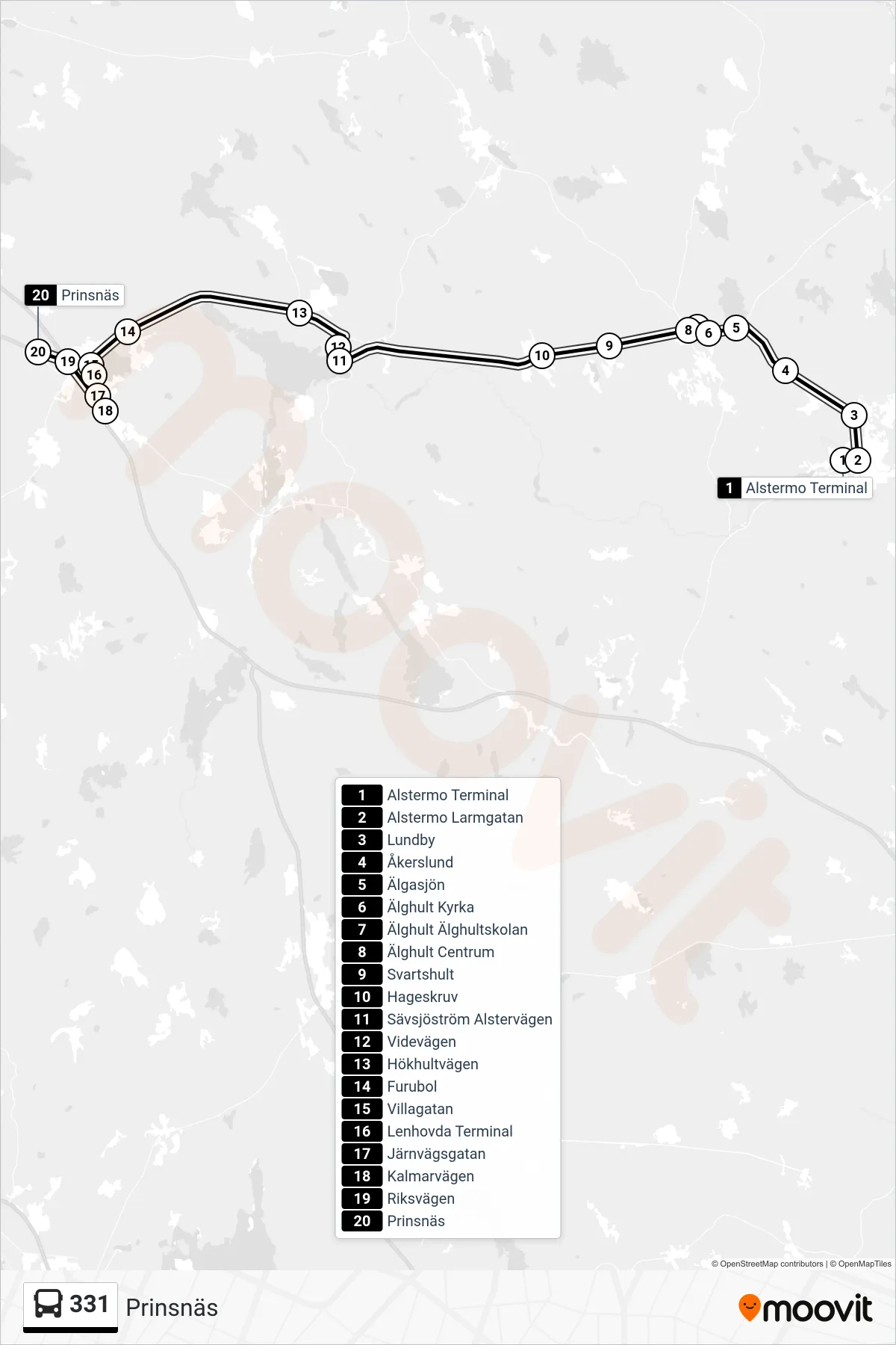 Rutt och hållplatser på karta för linje 331 spårvagn, (Prinsnäs)