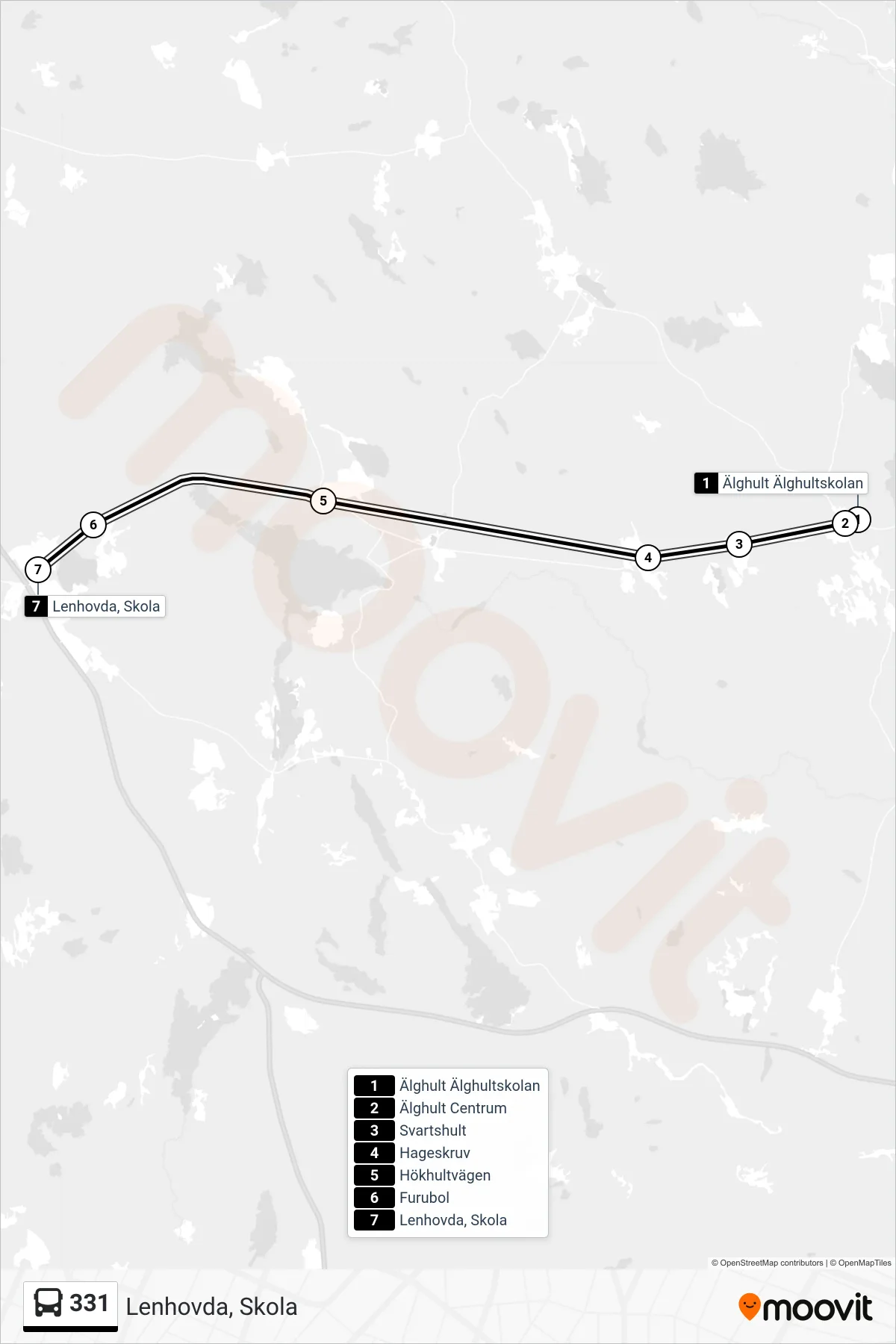 Rutt och hållplatser på karta för linje 331 spårvagn, (Lenhovda, Skola)