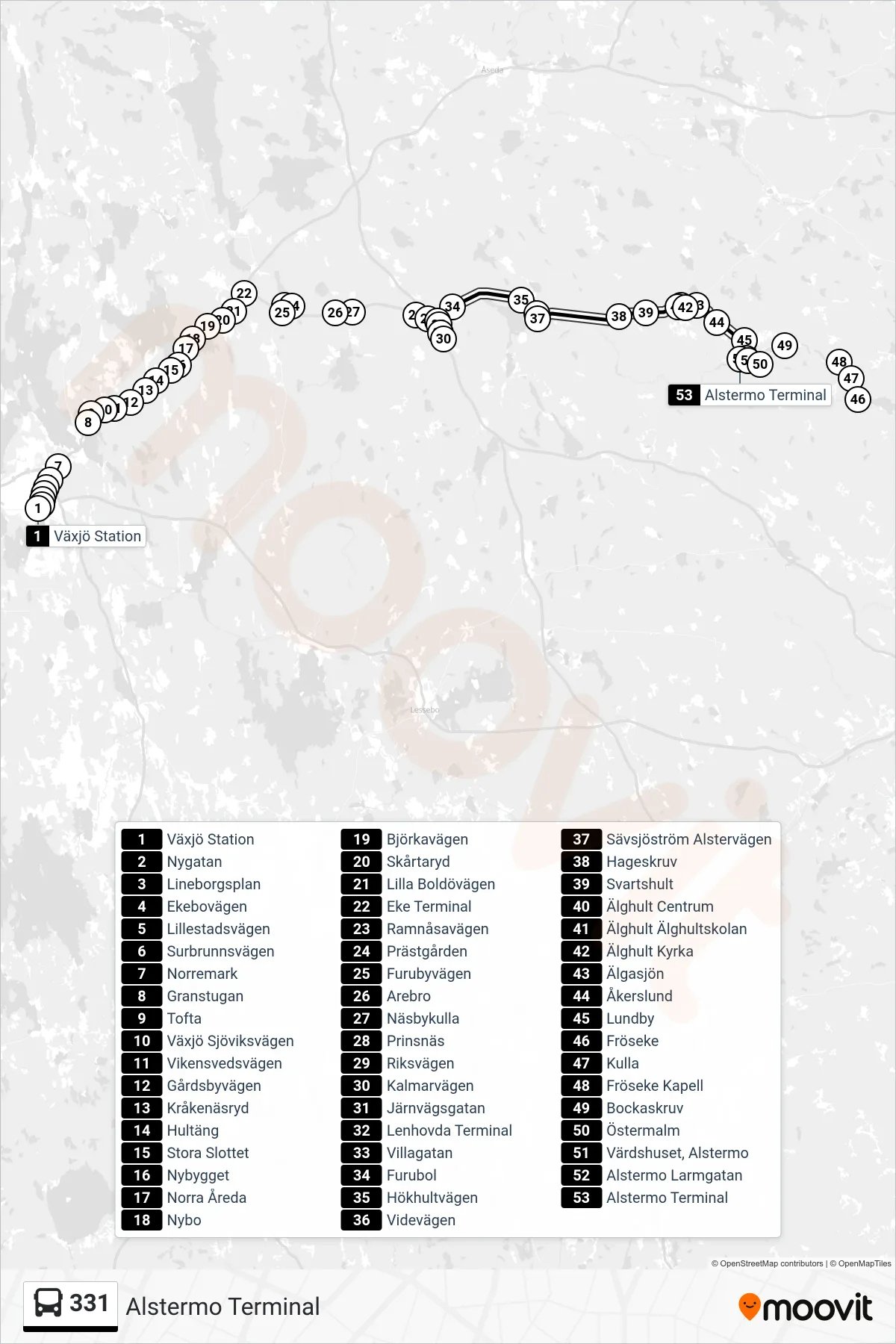 Rutt och hållplatser på karta för linje 331 spårvagn, (Alstermo Terminal)