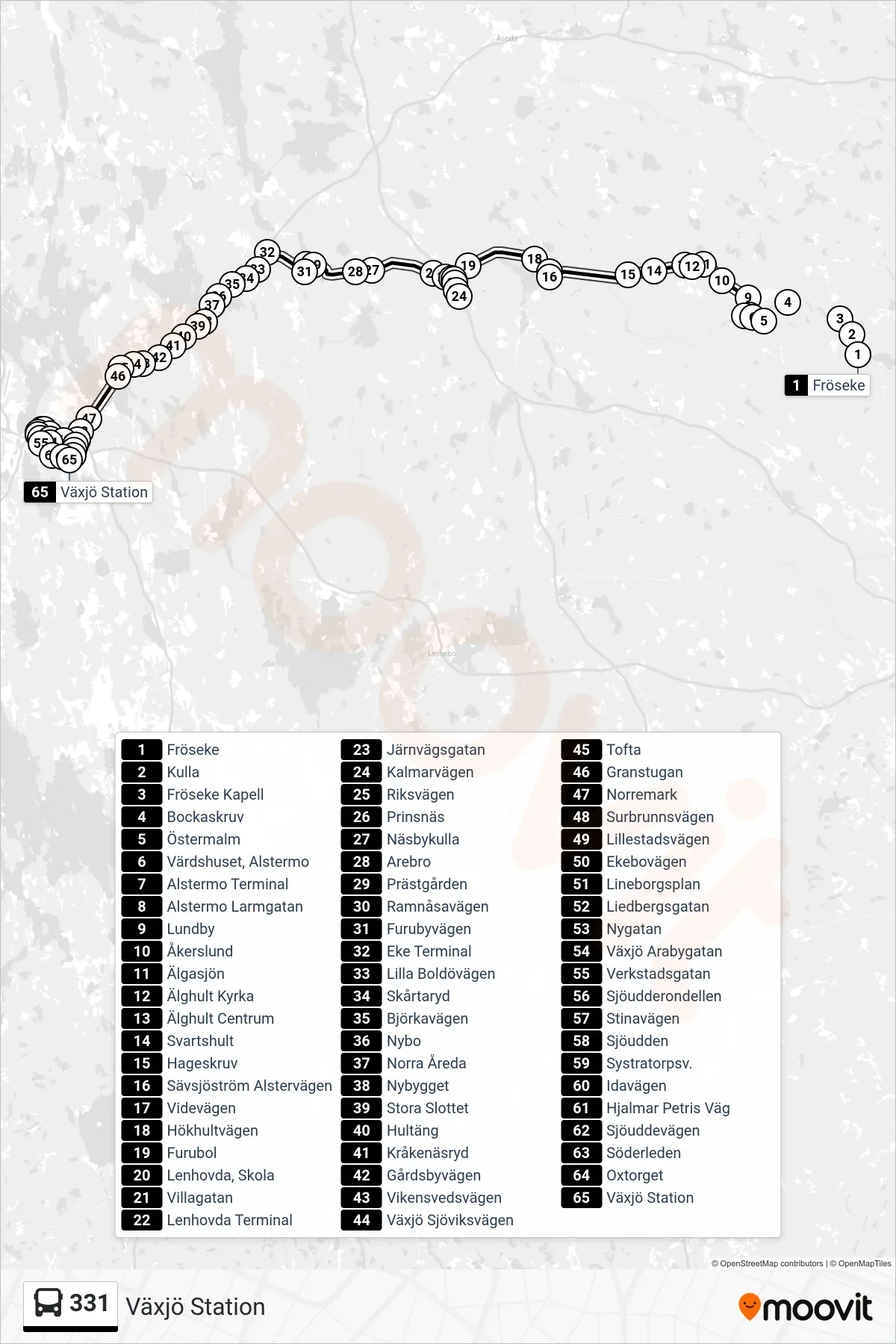Rutt och hållplatser på karta för linje 331 spårvagn, (Växjö Station)