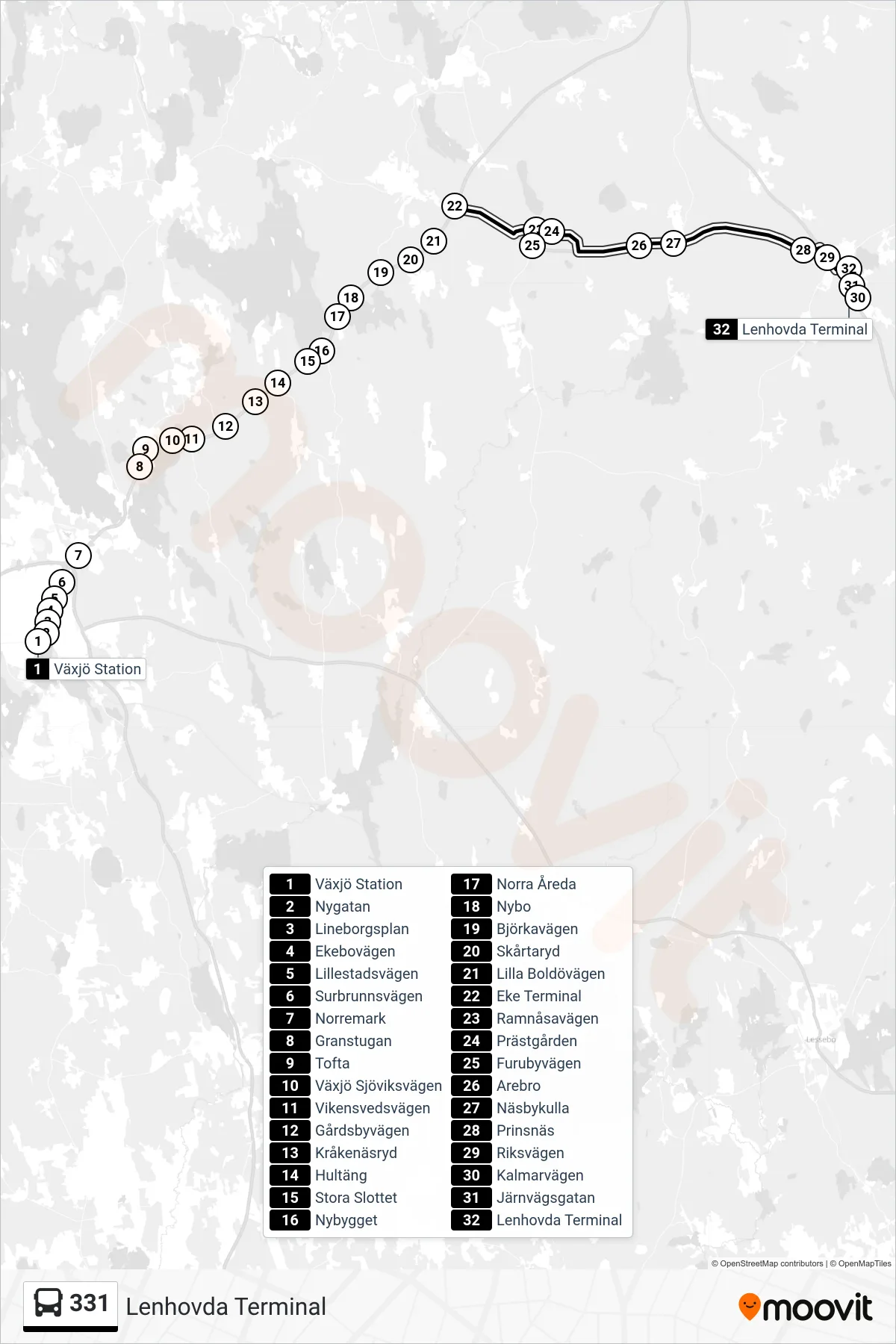 Rutt och hållplatser på karta för linje 331  spårvagn, (Lenhovda Terminal)