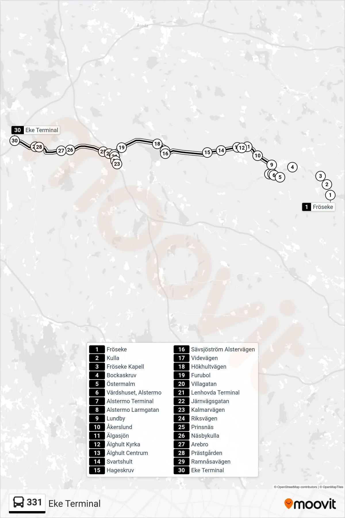 Rutt och hållplatser på karta för linje 331  spårvagn, (Eke Terminal)