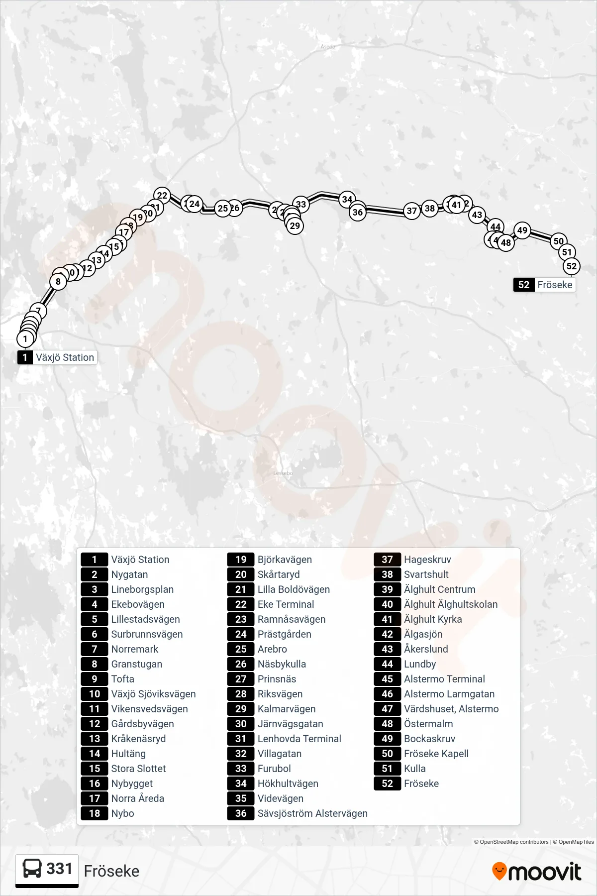 Rutt och hållplatser på karta för linje 331  spårvagn, (Fröseke)