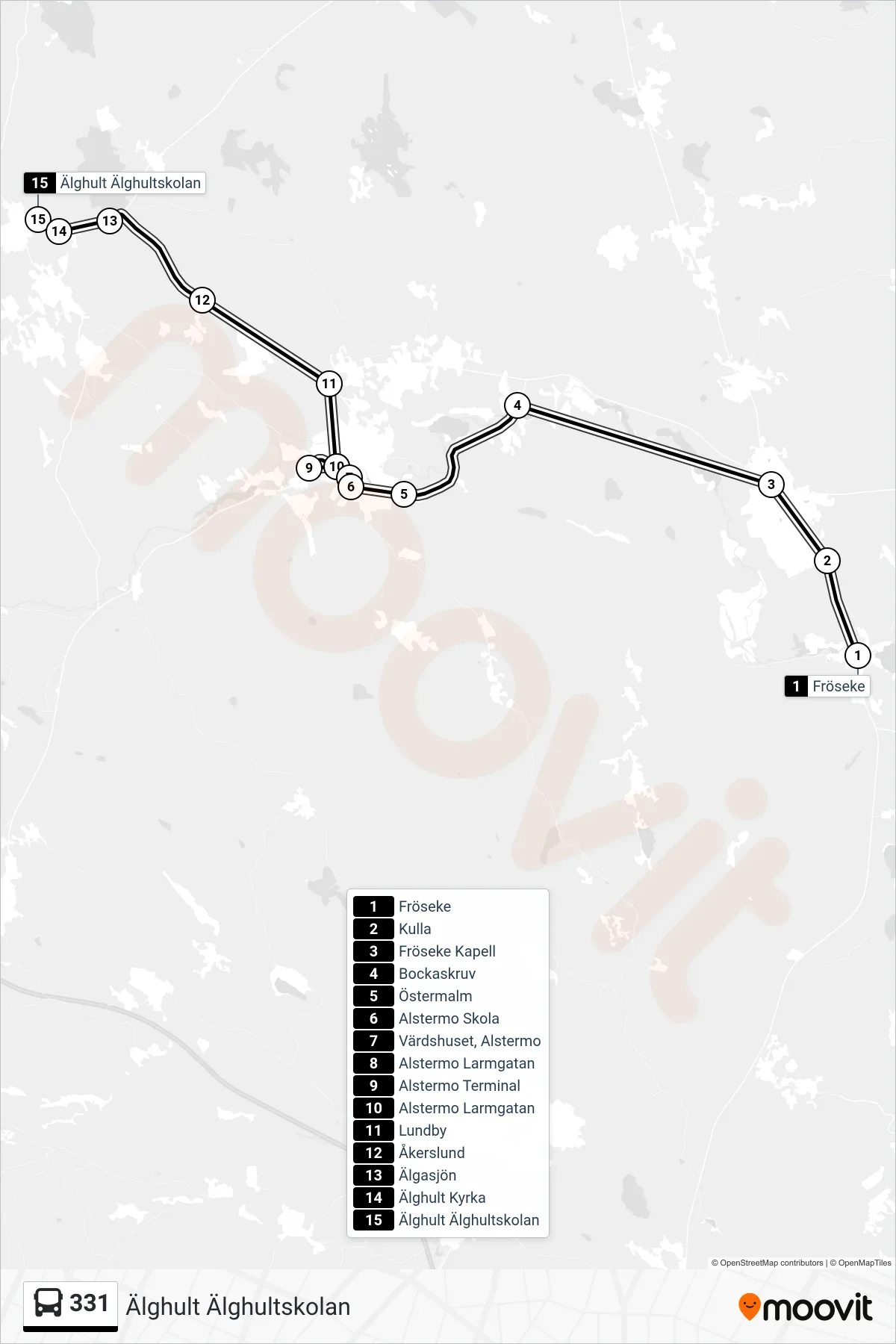 Rutt och hållplatser på karta för linje 331  spårvagn, (Älghult Älghultskolan)