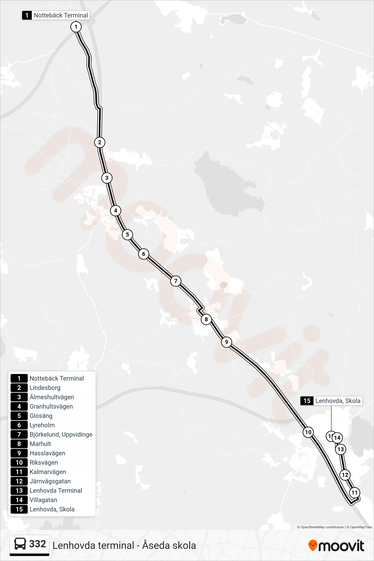 Rutt och hållplatser på karta för linje 332 spårvagn, (Lenhovda, Skola)