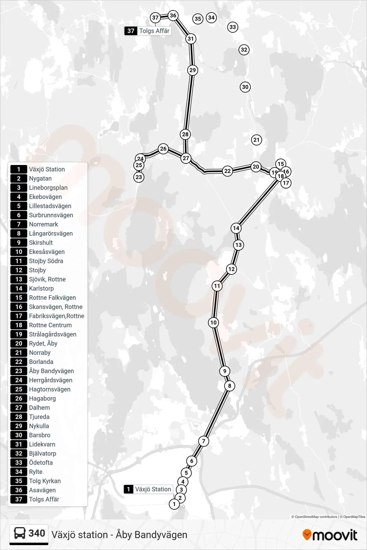 Rutt och hållplatser på karta för linje 340 spårvagn, (Tolgs Affär)