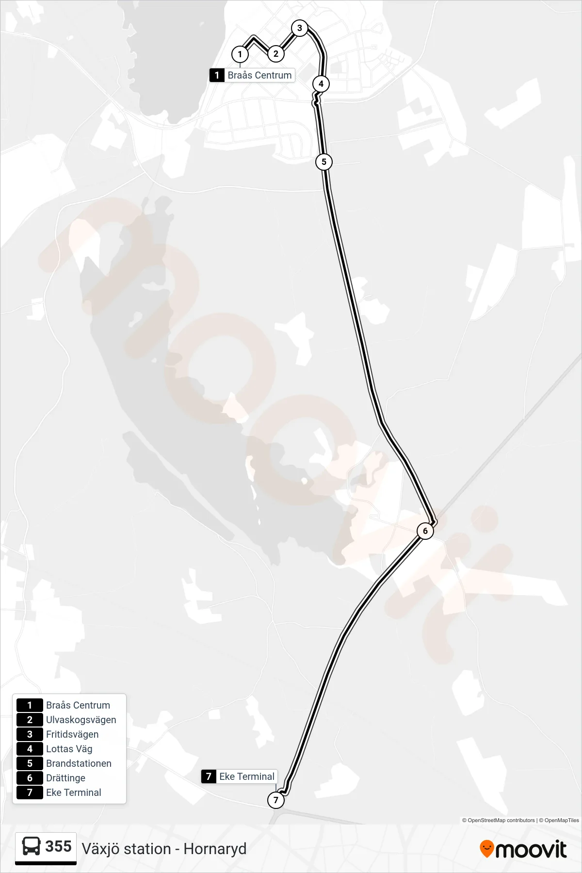 Rutt och hållplatser på karta för linje 355  spårvagn, (Eke Terminal)