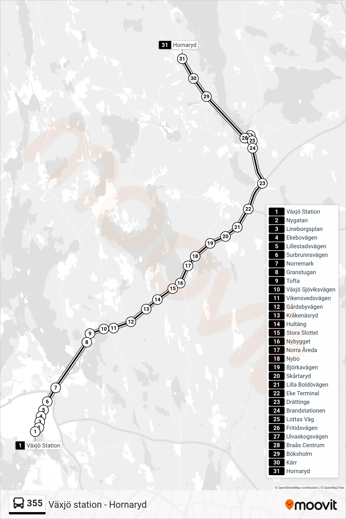 Rutt och hållplatser på karta för linje 355 spårvagn, (Hornaryd)