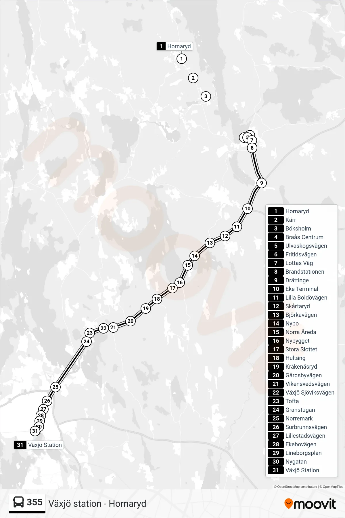 Rutt och hållplatser på karta för linje 355 spårvagn, (Växjö Station)