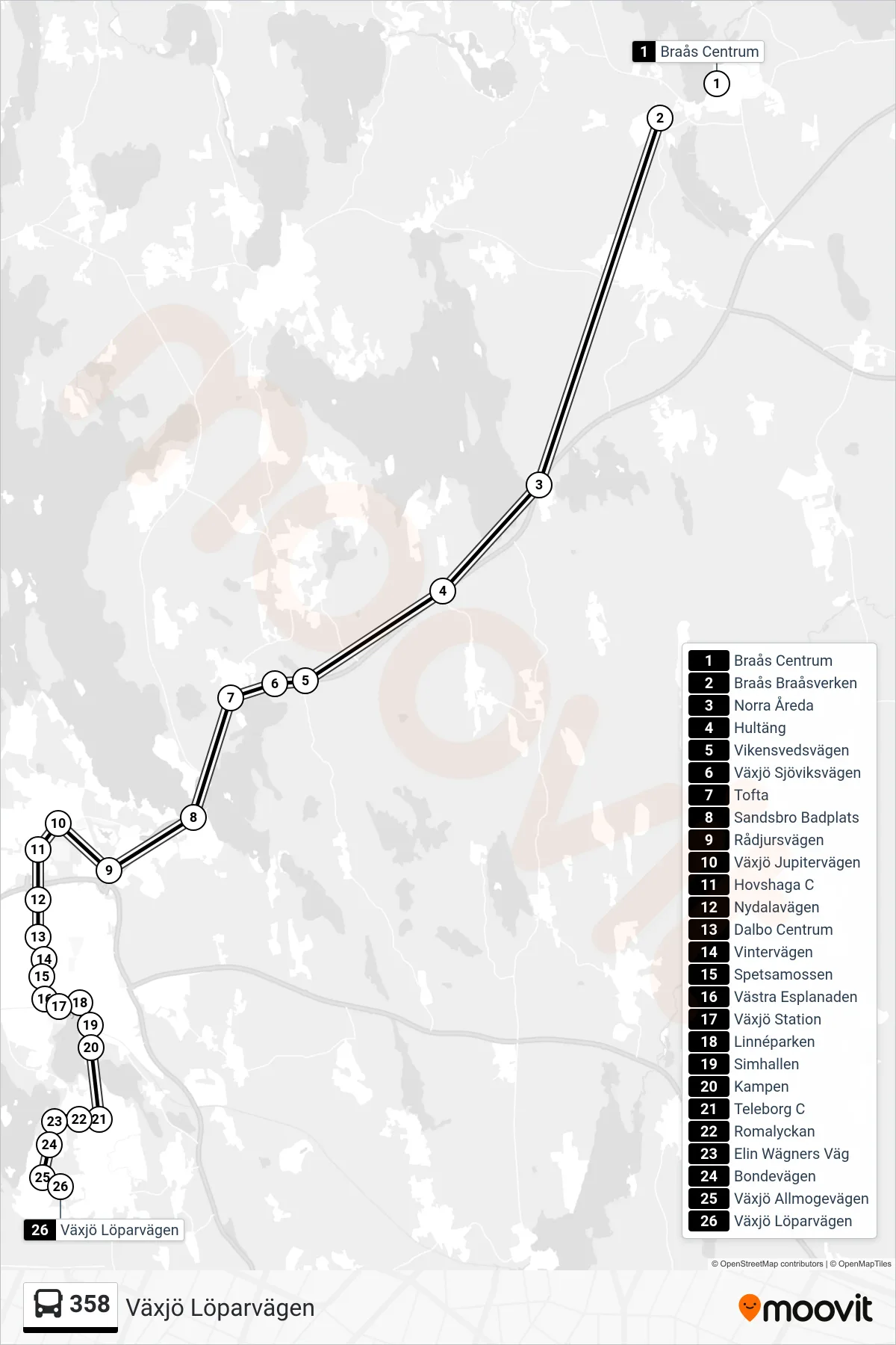 Rutt och hållplatser på karta för linje 358  spårvagn, (Växjö Löparvägen)