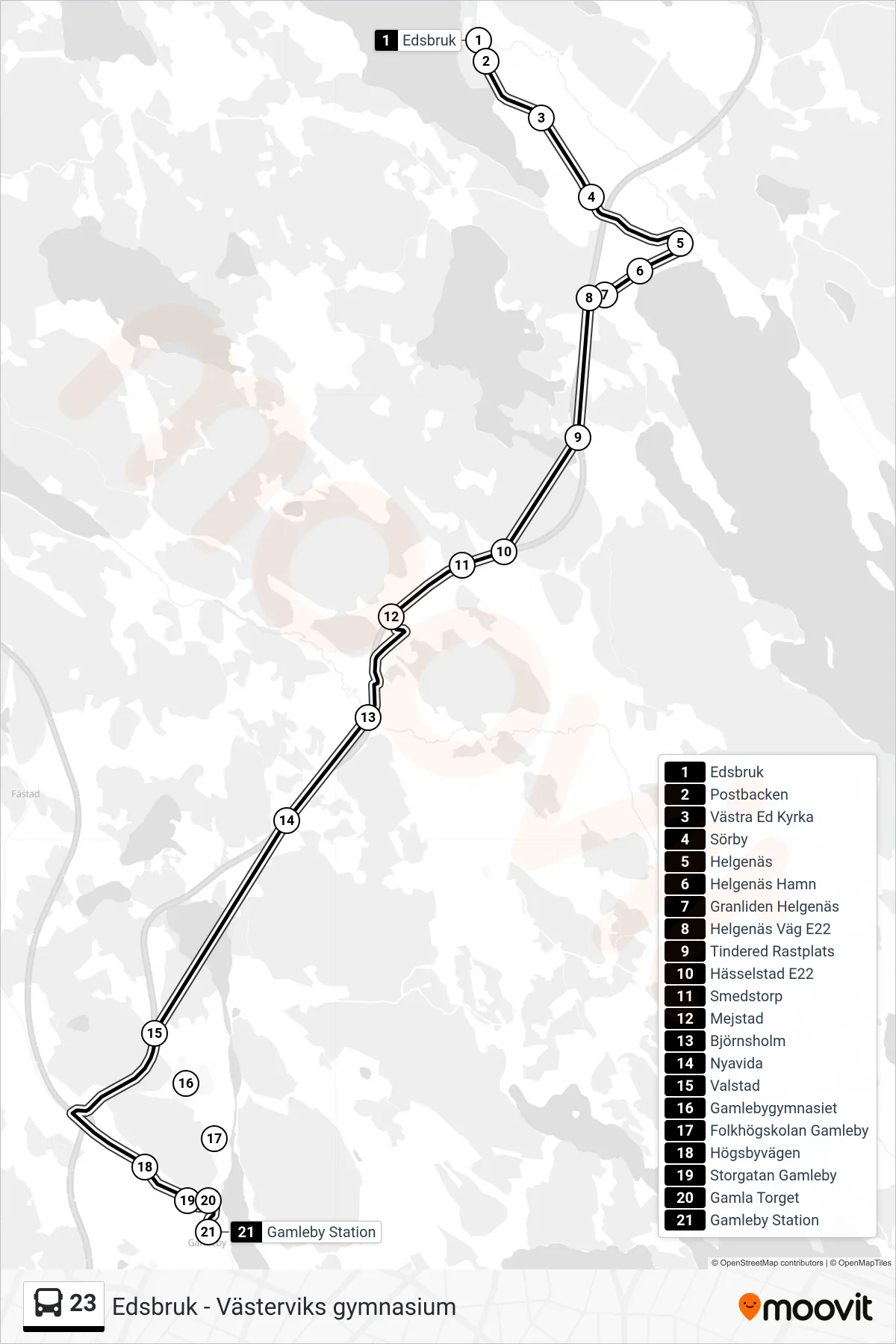 Rutt och hållplatser på karta för linje 23  spårvagn, (Gamleby Station)