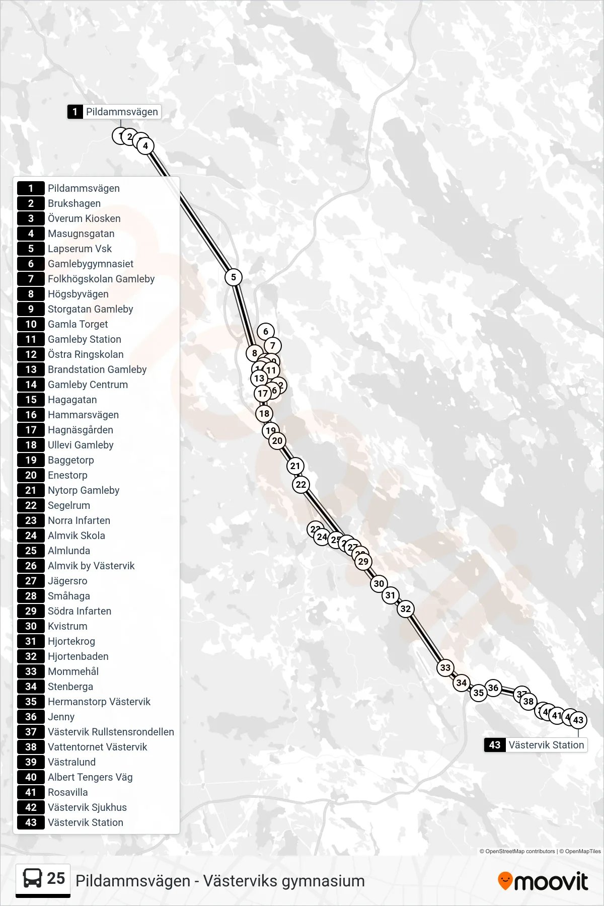 Rutt och hållplatser på karta för linje 25 spårvagn, (Västervik Station)