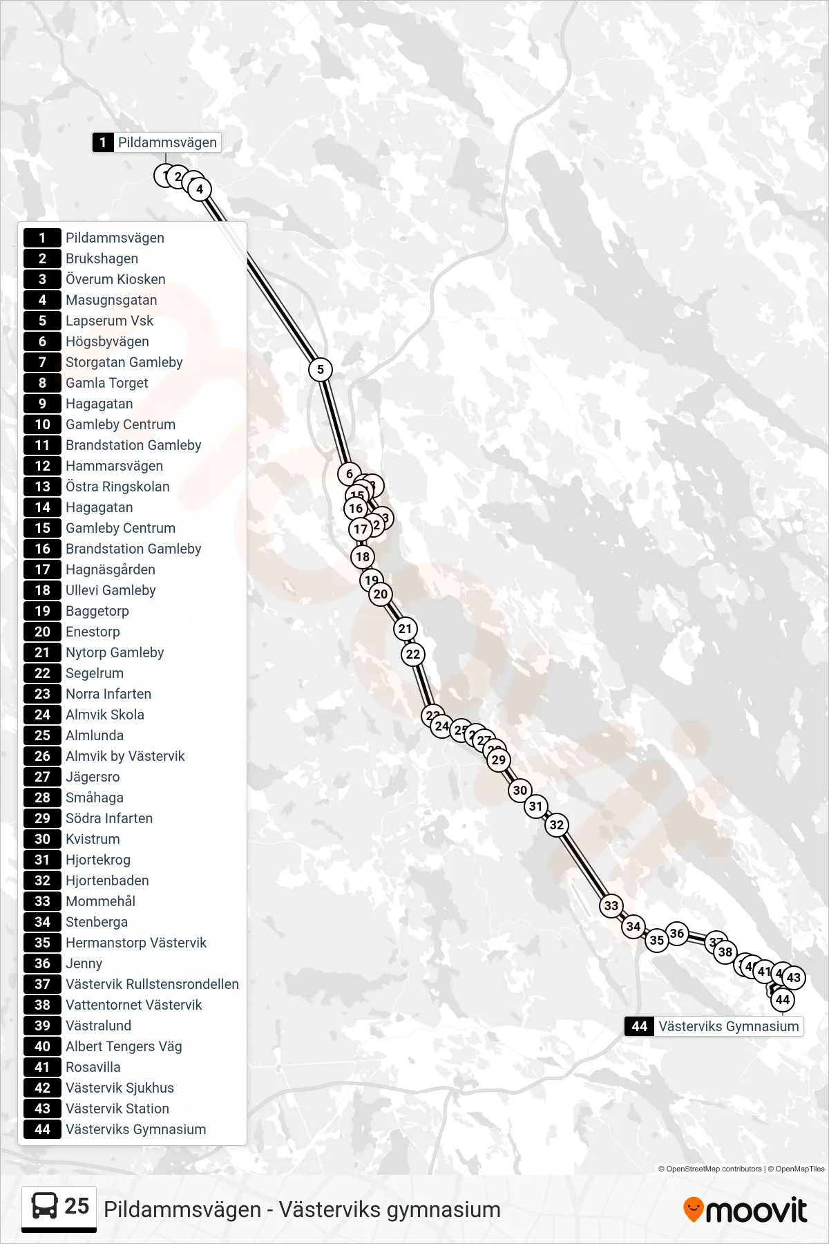 Rutt och hållplatser på karta för linje 25 spårvagn, (Västerviks Gymnasium)