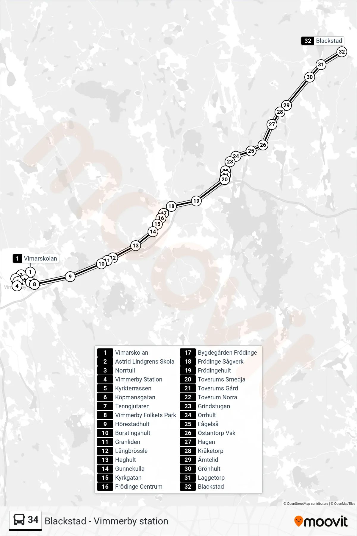 Rutt och hållplatser på karta för linje 34  spårvagn, (Blackstad)