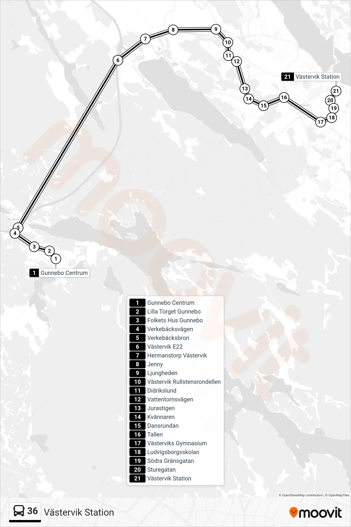 Rutt och hållplatser på karta för linje 36  spårvagn, (Västervik Station)