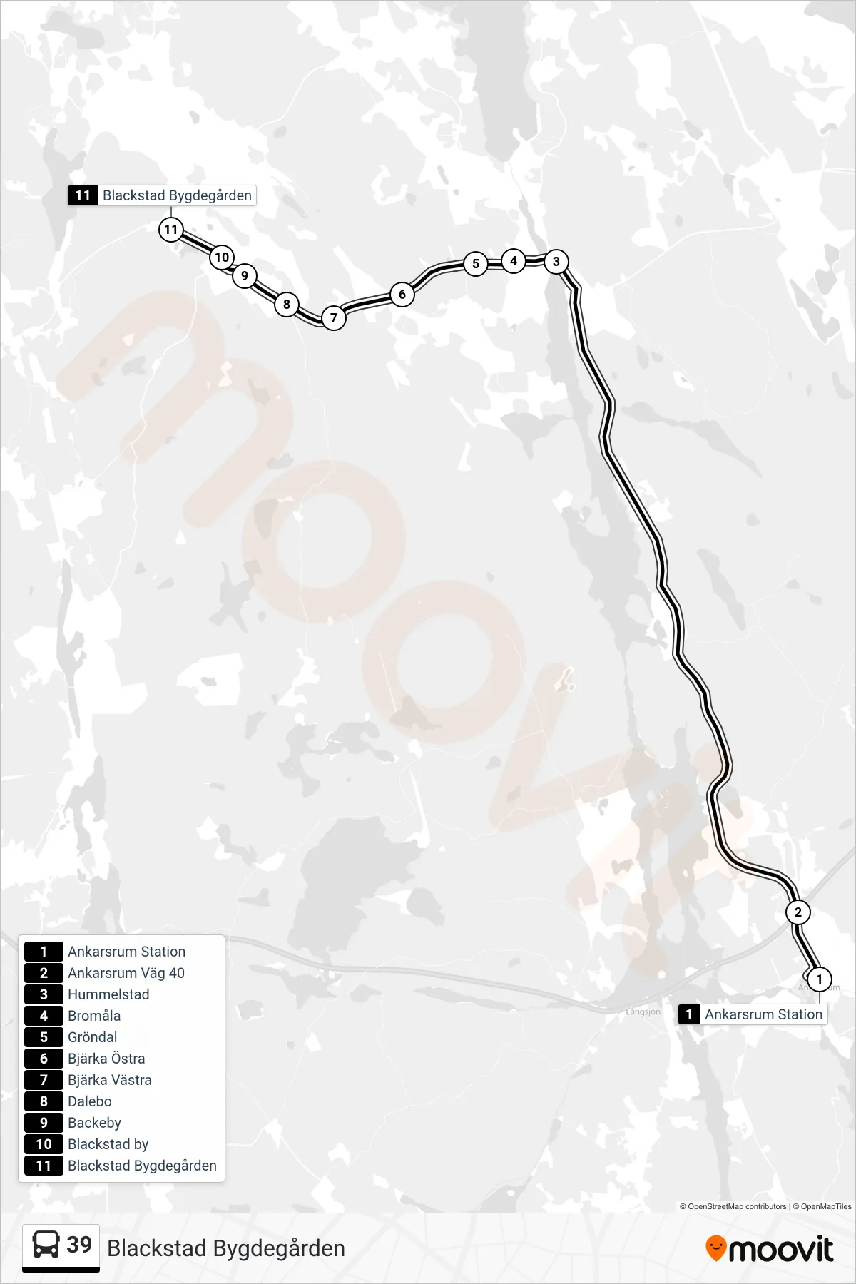 Rutt och hållplatser på karta för linje 39 spårvagn, (Blackstad Bygdegården)