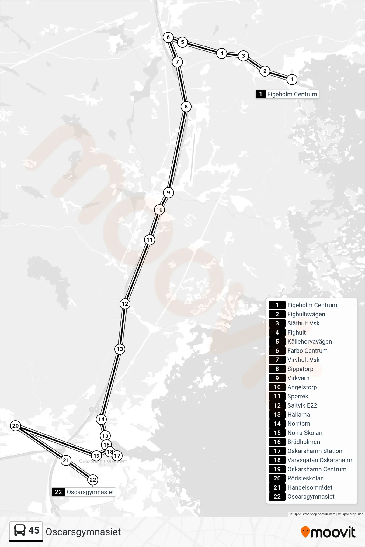 Rutt och hållplatser på karta för linje 45  spårvagn, (Oscarsgymnasiet)