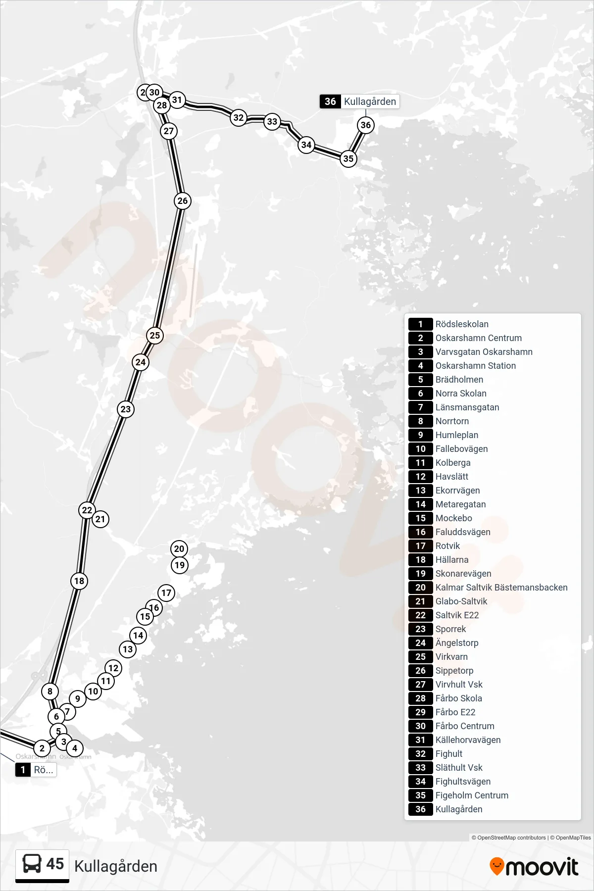 Rutt och hållplatser på karta för linje 45  spårvagn, (Kullagården)