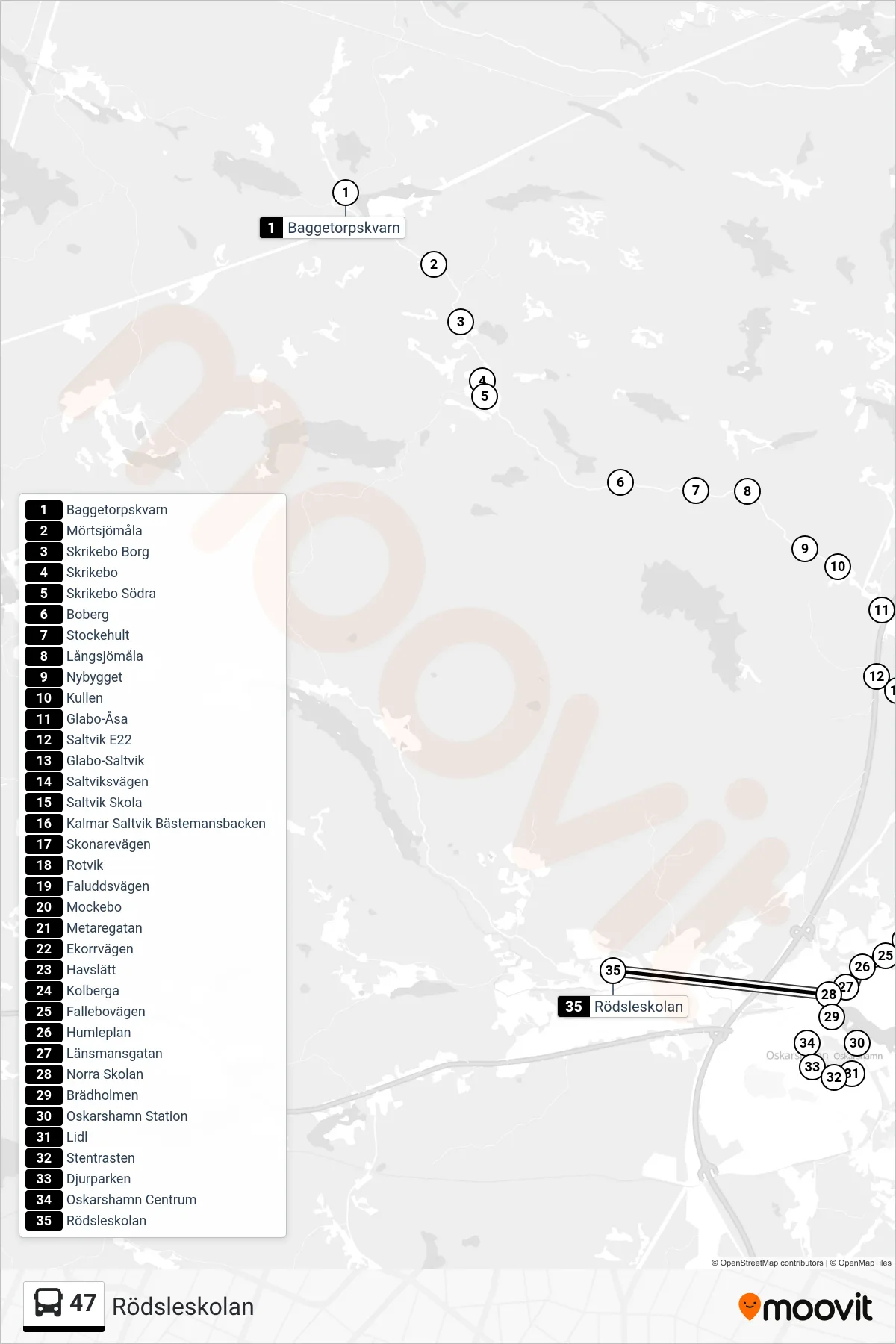 Rutt och hållplatser på karta för linje 47 spårvagn, (Rödsleskolan)