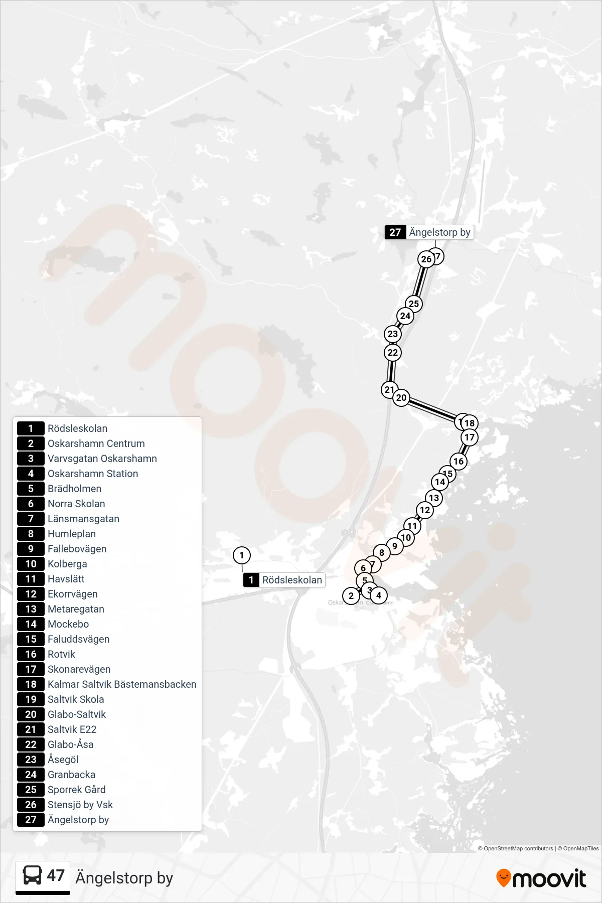 Rutt och hållplatser på karta för linje 47  spårvagn, (Ängelstorp by)