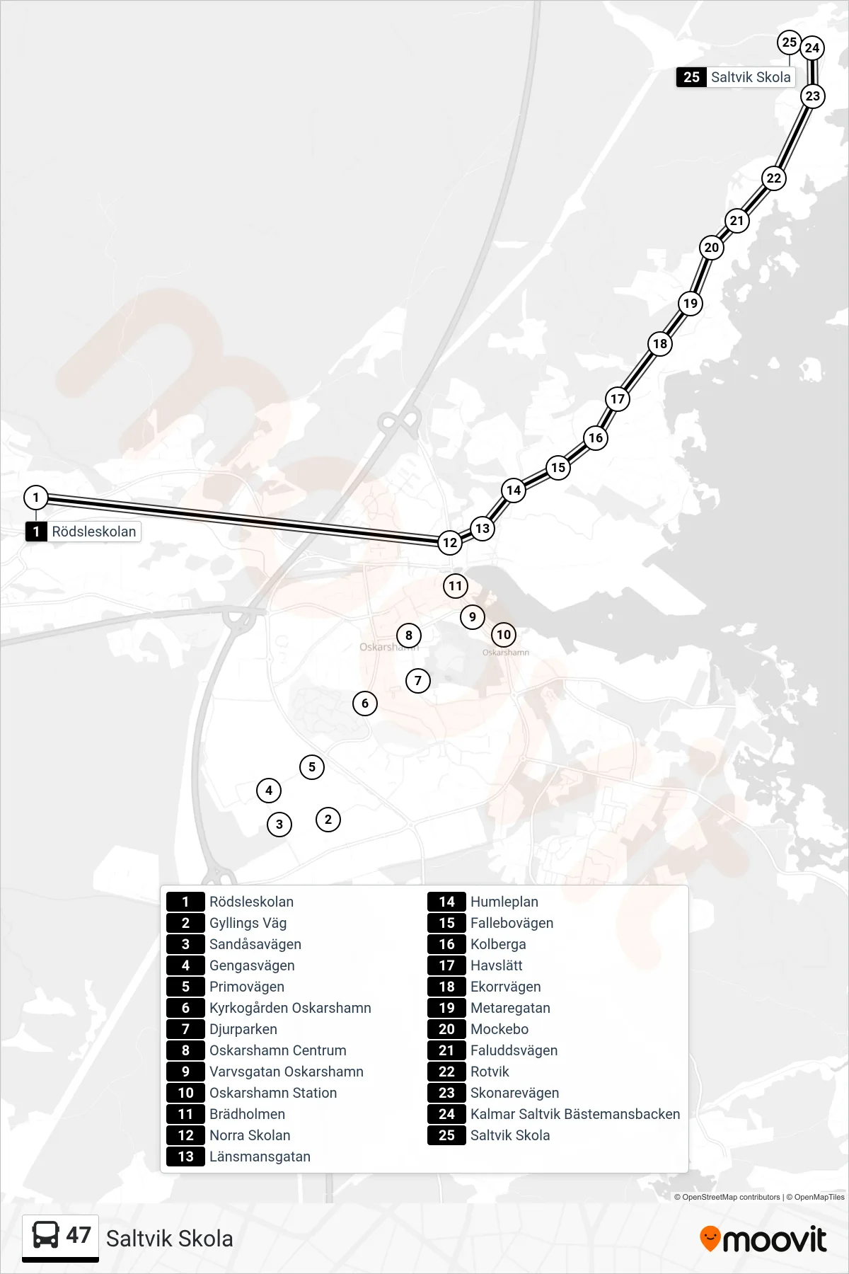 Rutt och hållplatser på karta för linje 47  spårvagn, (Saltvik Skola)