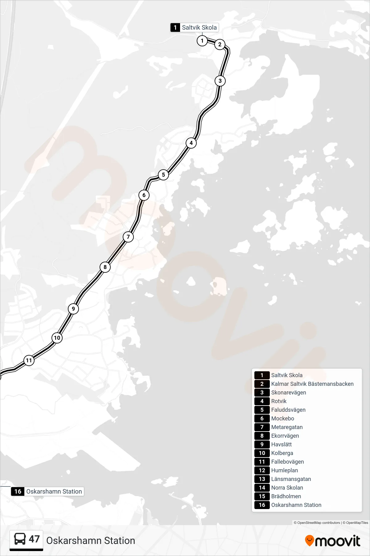 Rutt och hållplatser på karta för linje 47 spårvagn, (Oskarshamn Station)