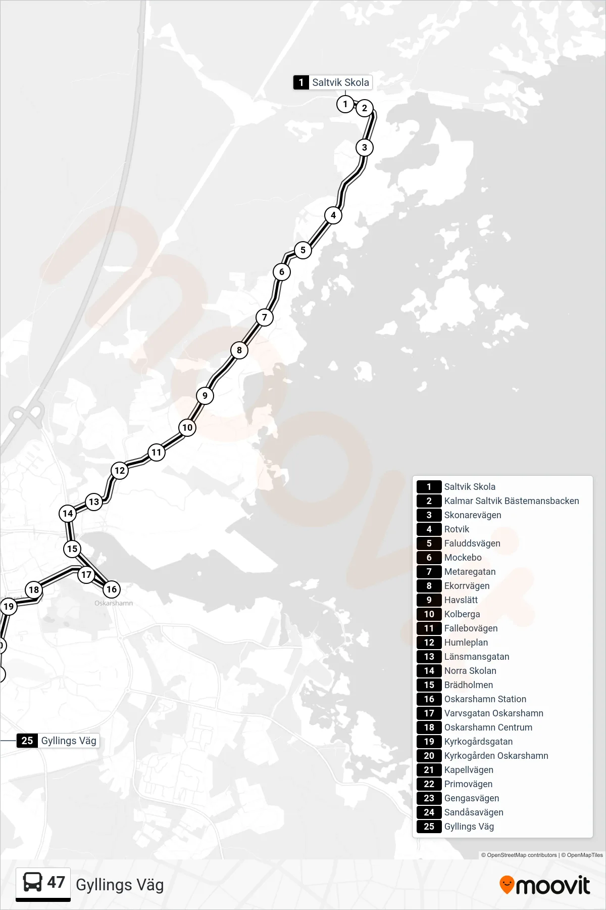 Rutt och hållplatser på karta för linje 47  spårvagn, (Gyllings Väg)
