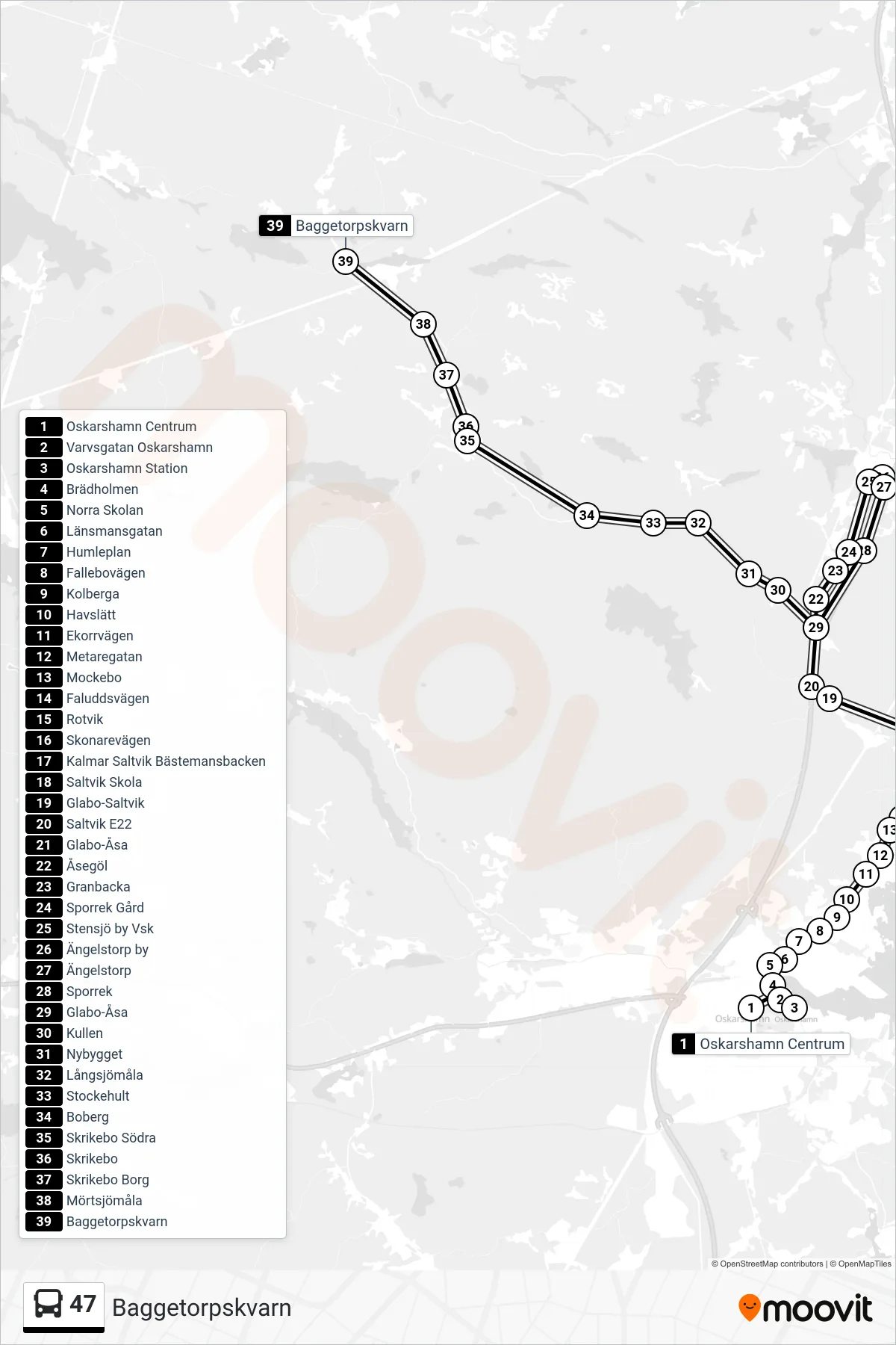 Rutt och hållplatser på karta för linje 47 spårvagn, (Baggetorpskvarn)