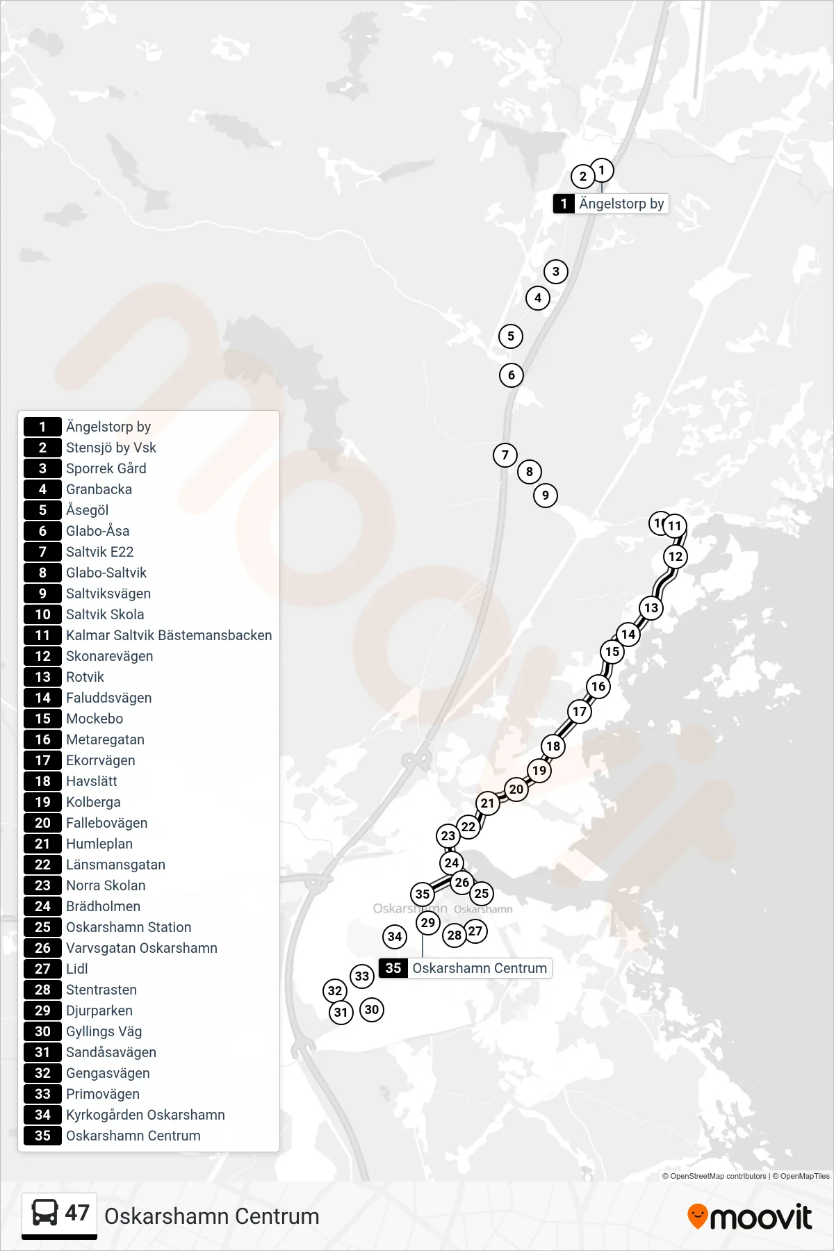 Rutt och hållplatser på karta för linje 47  spårvagn, (Oskarshamn Centrum)