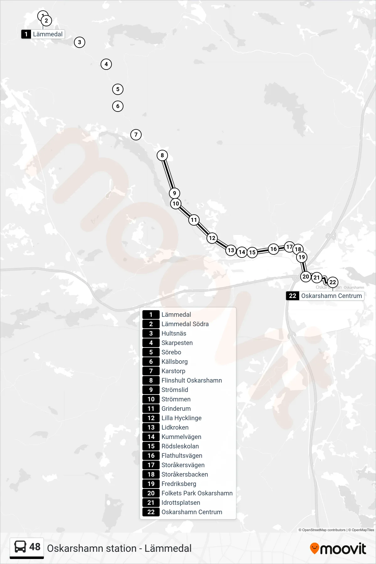 Rutt och hållplatser på karta för linje 48  spårvagn, (Oskarshamn Centrum)