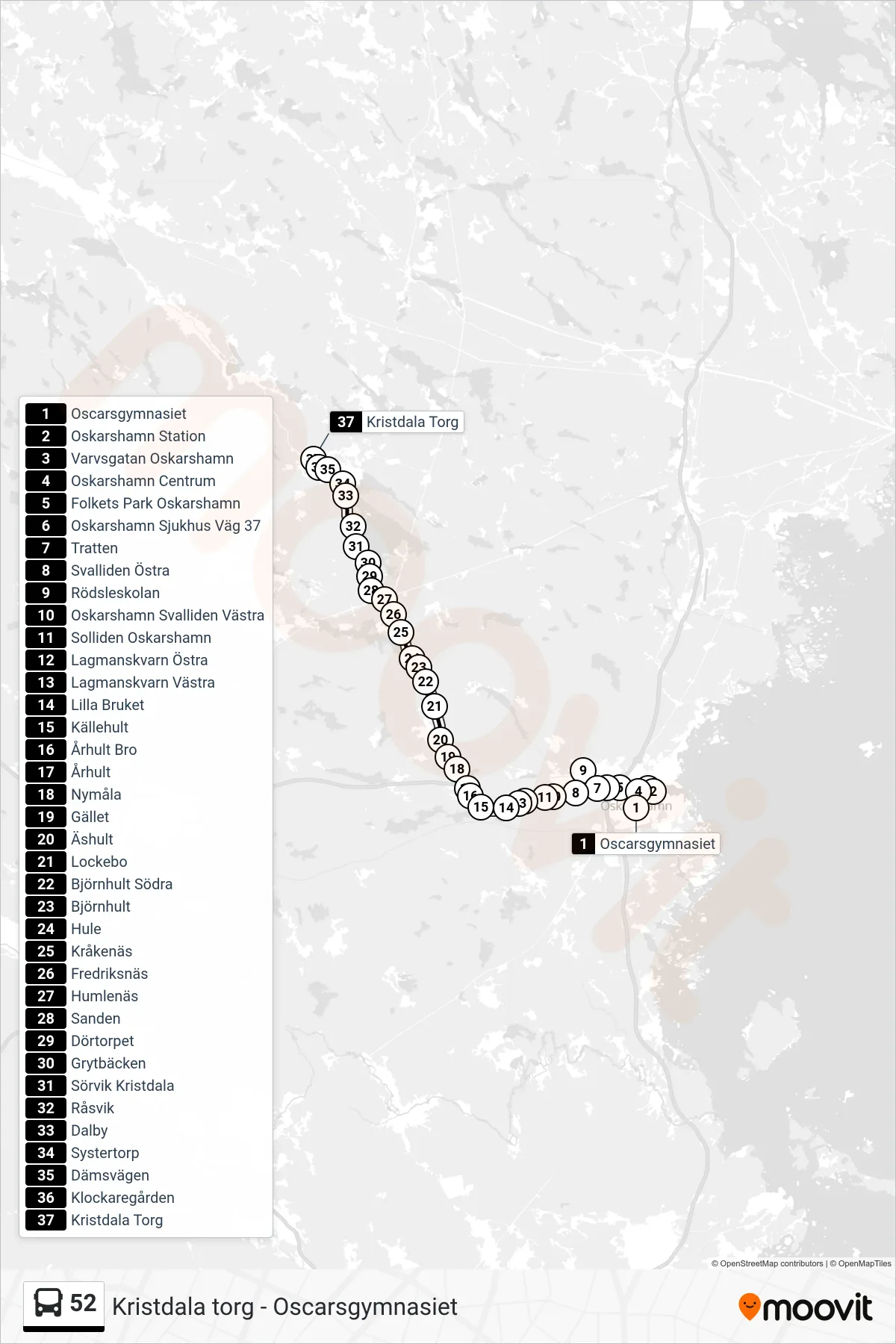 Rutt och hållplatser på karta för linje 52 spårvagn, (Kristdala Torg)