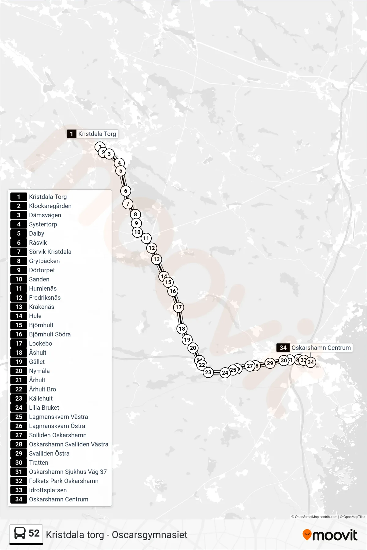 Rutt och hållplatser på karta för linje 52 spårvagn, (Oskarshamn Centrum)