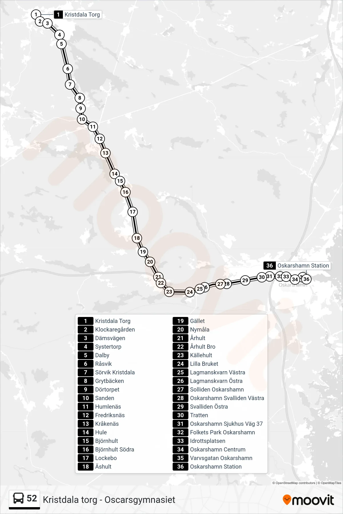 Rutt och hållplatser på karta för linje 52 spårvagn, (Oskarshamn Station)