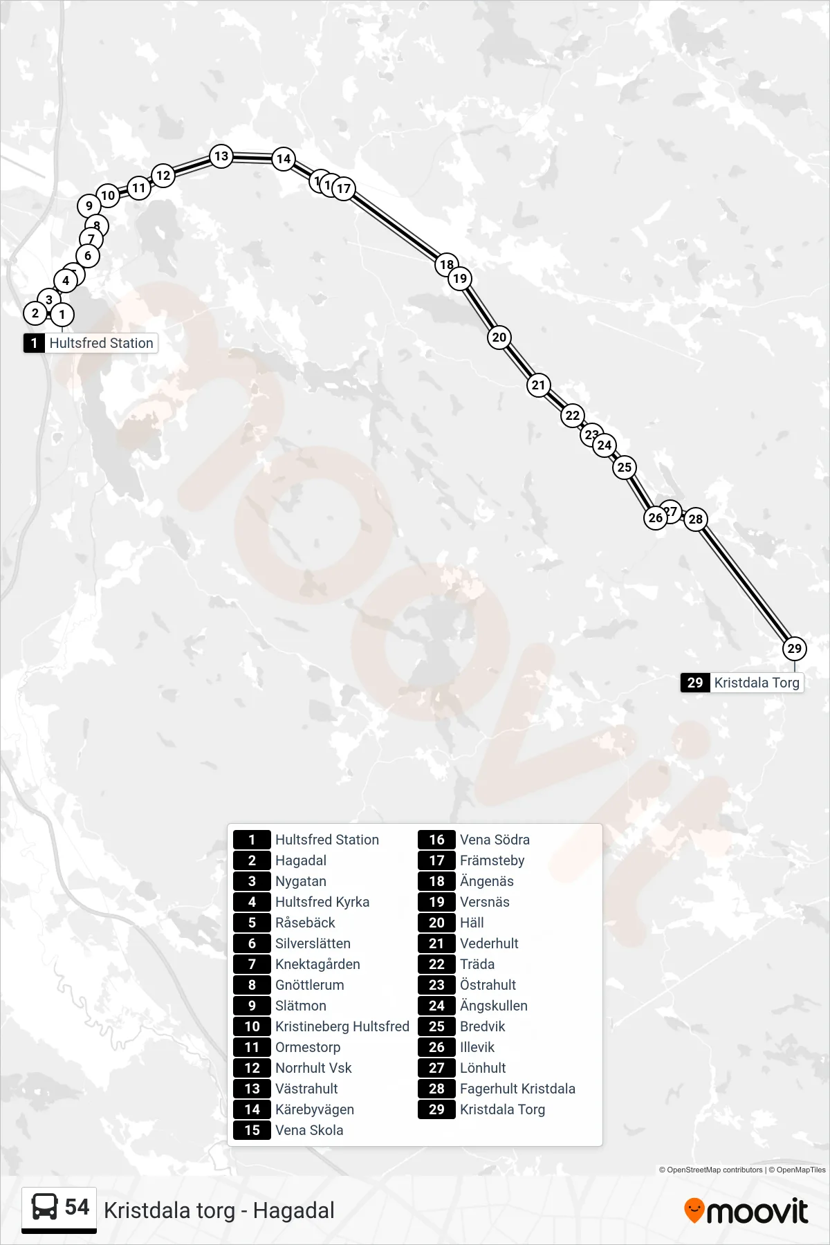 Rutt och hållplatser på karta för linje 54 spårvagn, (Kristdala Torg)