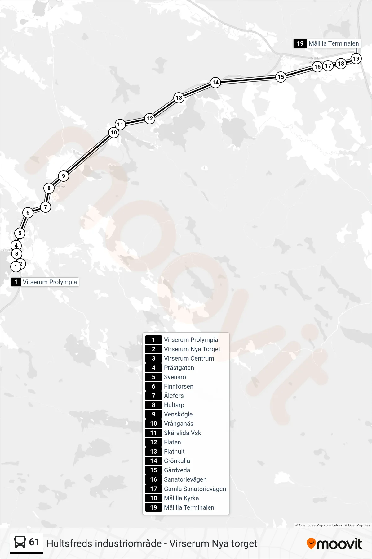 Rutt och hållplatser på karta för linje 61 spårvagn, (Målilla Terminalen)