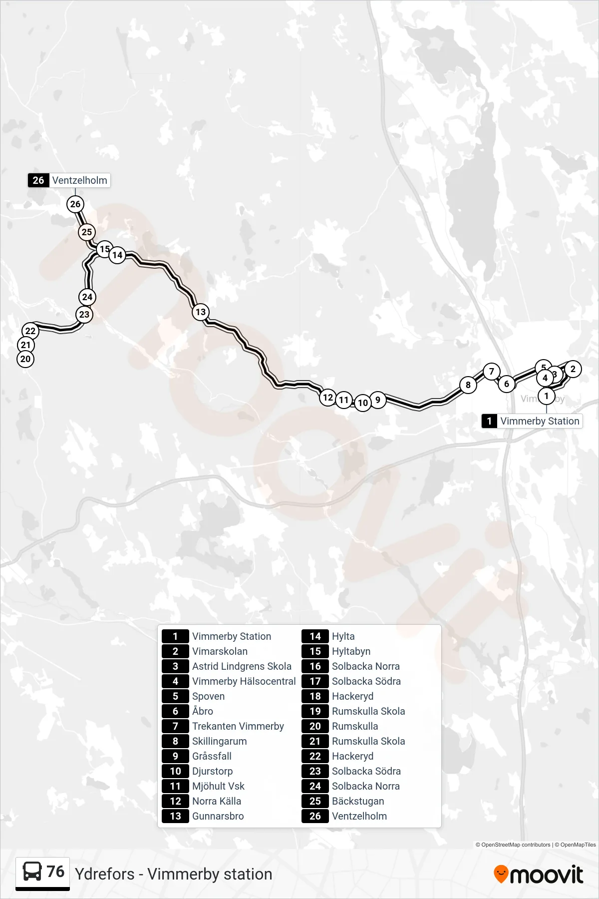 Rutt och hållplatser på karta för linje 76  spårvagn, (Ventzelholm)